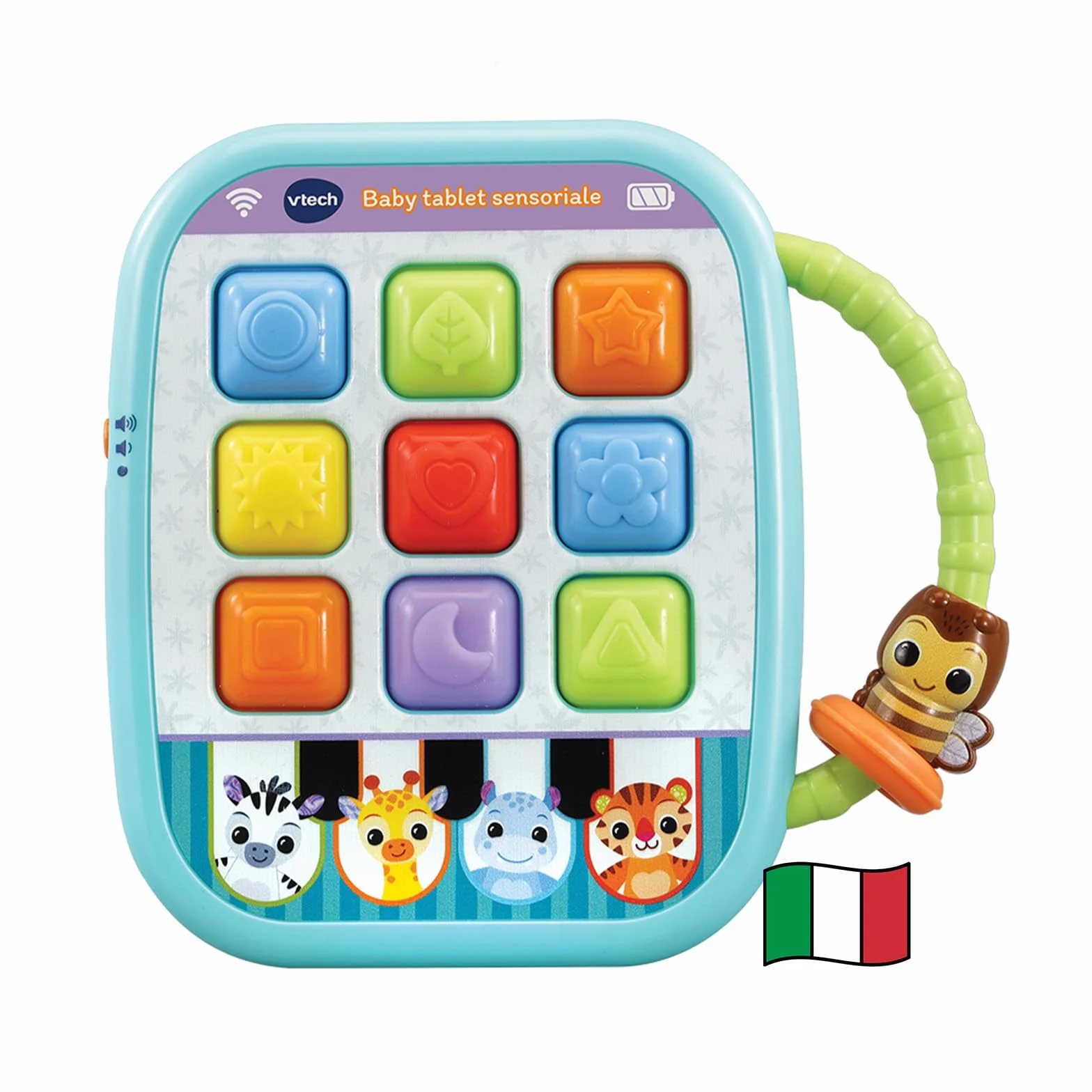 VTech Baby Tablet Sensoriale, Tablet Interattivo con più di 35 Canzoni, Frasi, Suoni, 9 Pulsanti Morbidi per Imparare Colori e Forme, Manico per Trasporto, Lingua Italiana, Batterie Incluse, 6-36 Mesi