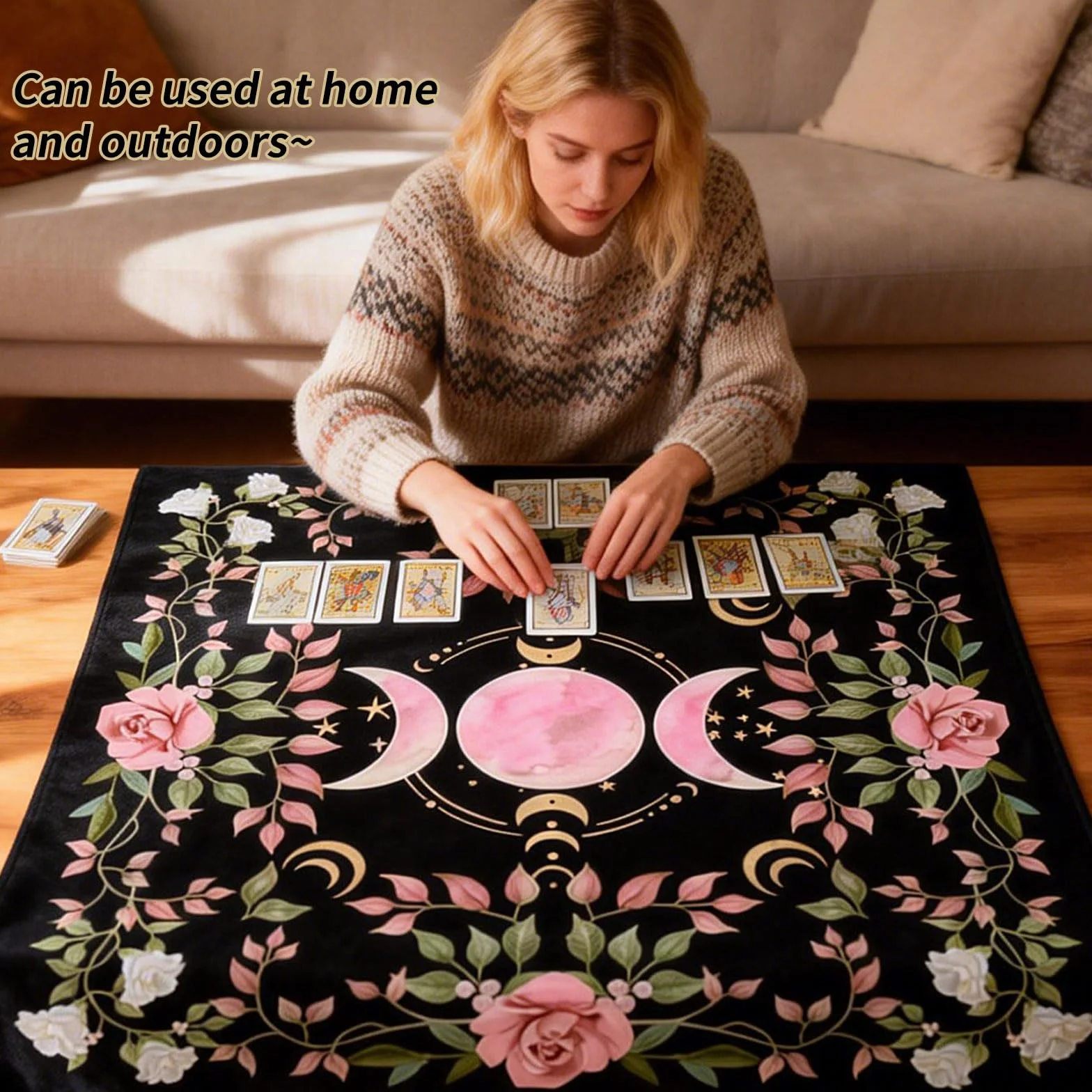 Tappeto Divinatorio per Tarocchi 75x75 cm Tovaglia da Altare Esoterico con Fiori e Fasi Lunari