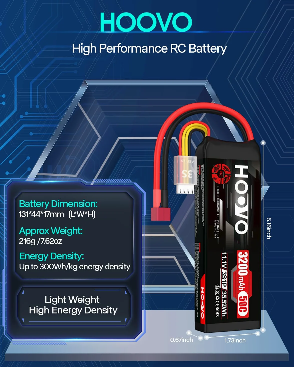 HOOVO Batteria Lipo 3S 11,1 V 3200 mAh 50C Custodia Morbida Batteria Lipo con Spina Deans Batteria RC per Auto RC Elicotteri RC Aerei Quadcopter Modelli RC (2 Pezzi)