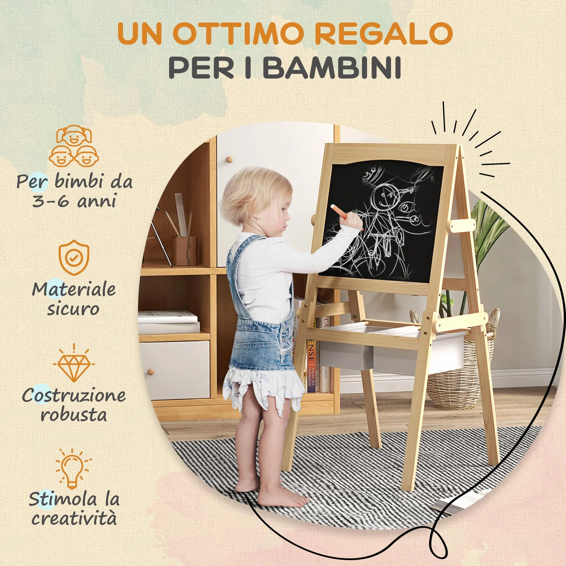 AIYAPLAY Lavagna per Bambini 3 in 1 Multiattività con Due Cestini, Cavalletto Artistico in Legno 58x50.5x109cm