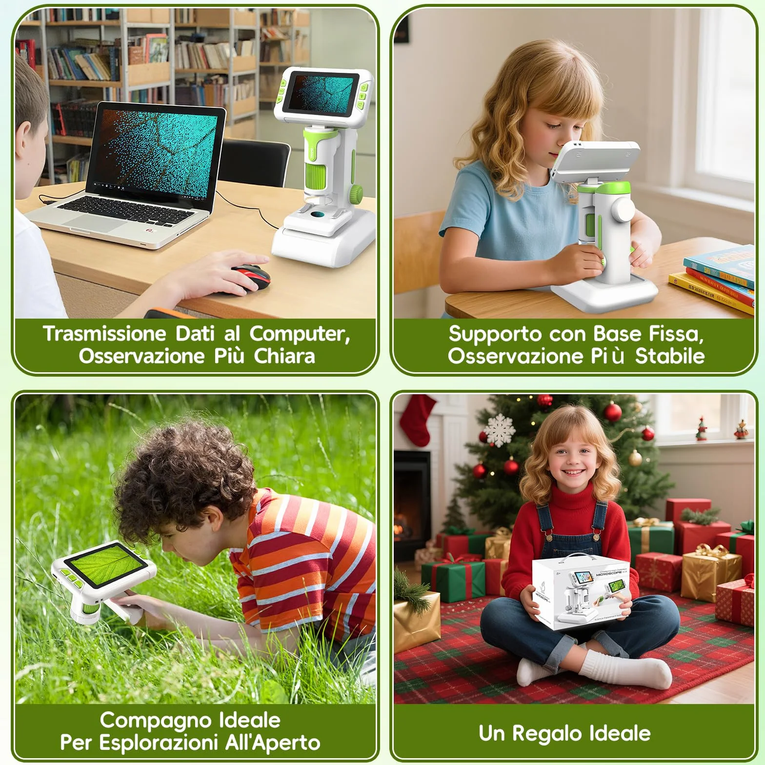 Charmofun Microscopio Bambini, Microscopio Digitale con Scheda di Memoria da 64GB, Microscopios Portatile Bambini con Schermo LCD 4", Ingrandimento 1600X, Foto e Video, Funzione Portatile e Fissa