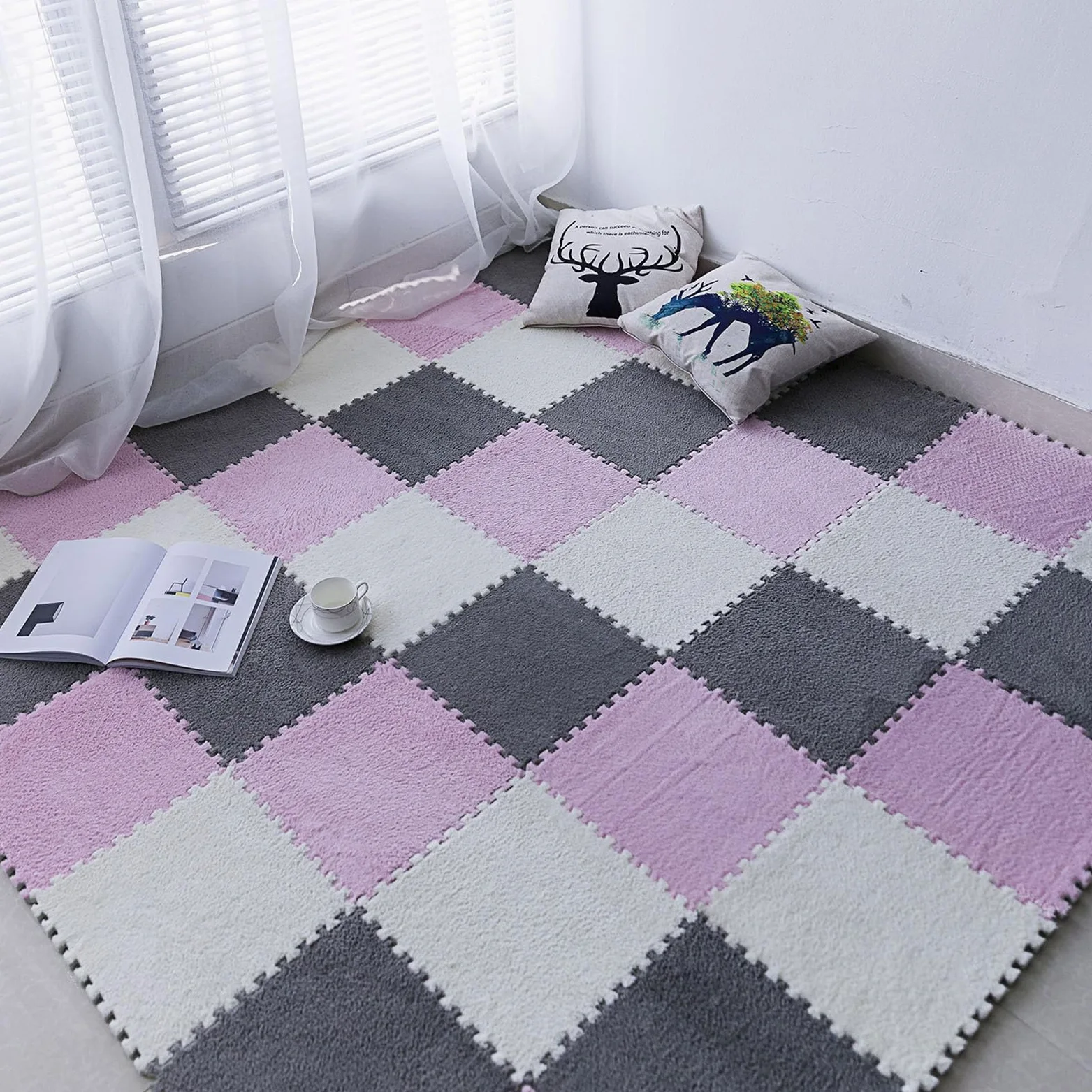 Splice Interlocking Carpet 9 Pezzi Tappetino Puzzle in Schiuma di Peluche, Tappetino interbloccante, Tappeto Quadrato di Peluche, Tappetino interbloccante Antiscivolo, Ta,White+Gray+Purple