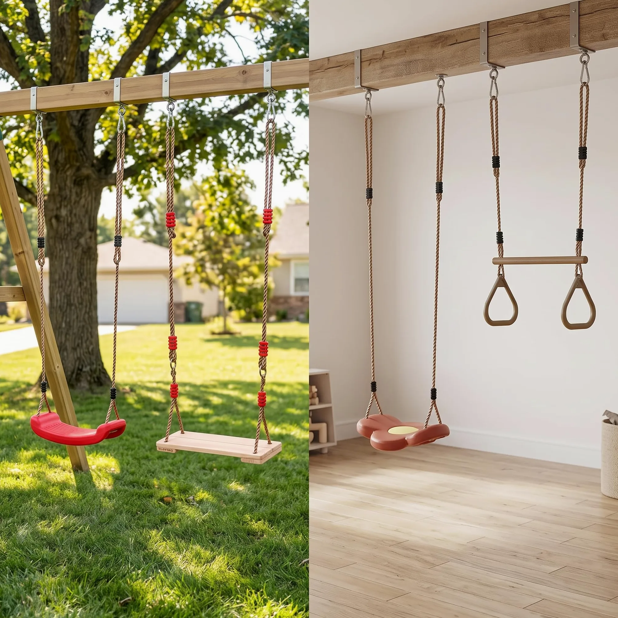 Altalena da Giardino per Bambini in Legno e Plastica, per Uso Interno ed Esterno, con Gancio di, Anello da ginnastica multifunzionale collegato