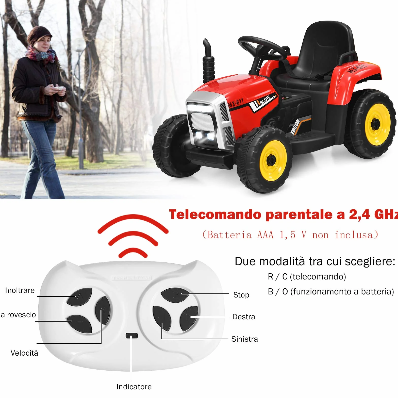 COSTWAY Trattore con Rimorchio Cavalcabile per Bambini 12V, Trattore Elettrico Telecomandato, con Luci e Suoni, 30kg, 3+ Anni (Rosso)