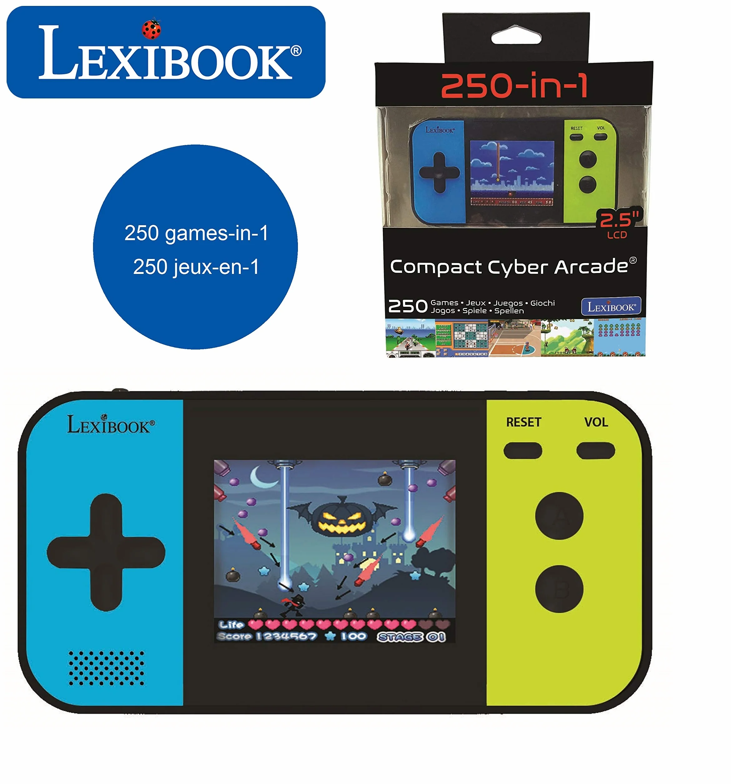 Lexibook, Cyber Arcade compatto, console di gioco portatile, 250 giochi, LCD, a batteria, videogioco per bambini, nero/blu/verde, JL2377
