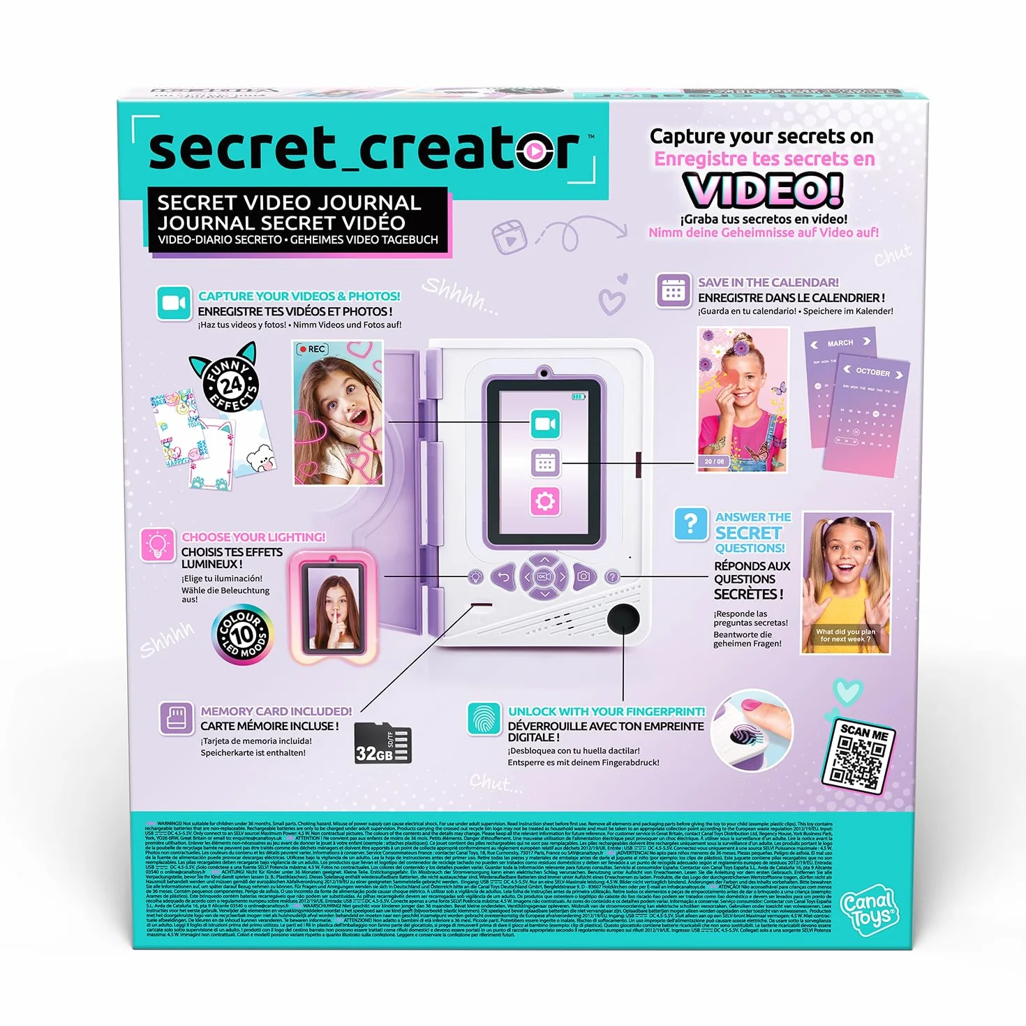 Canal Toys Diario Segreto Video Bambini Viola - 32 GB Registra Video Foto Impronta Digitale 24 Effetti LED