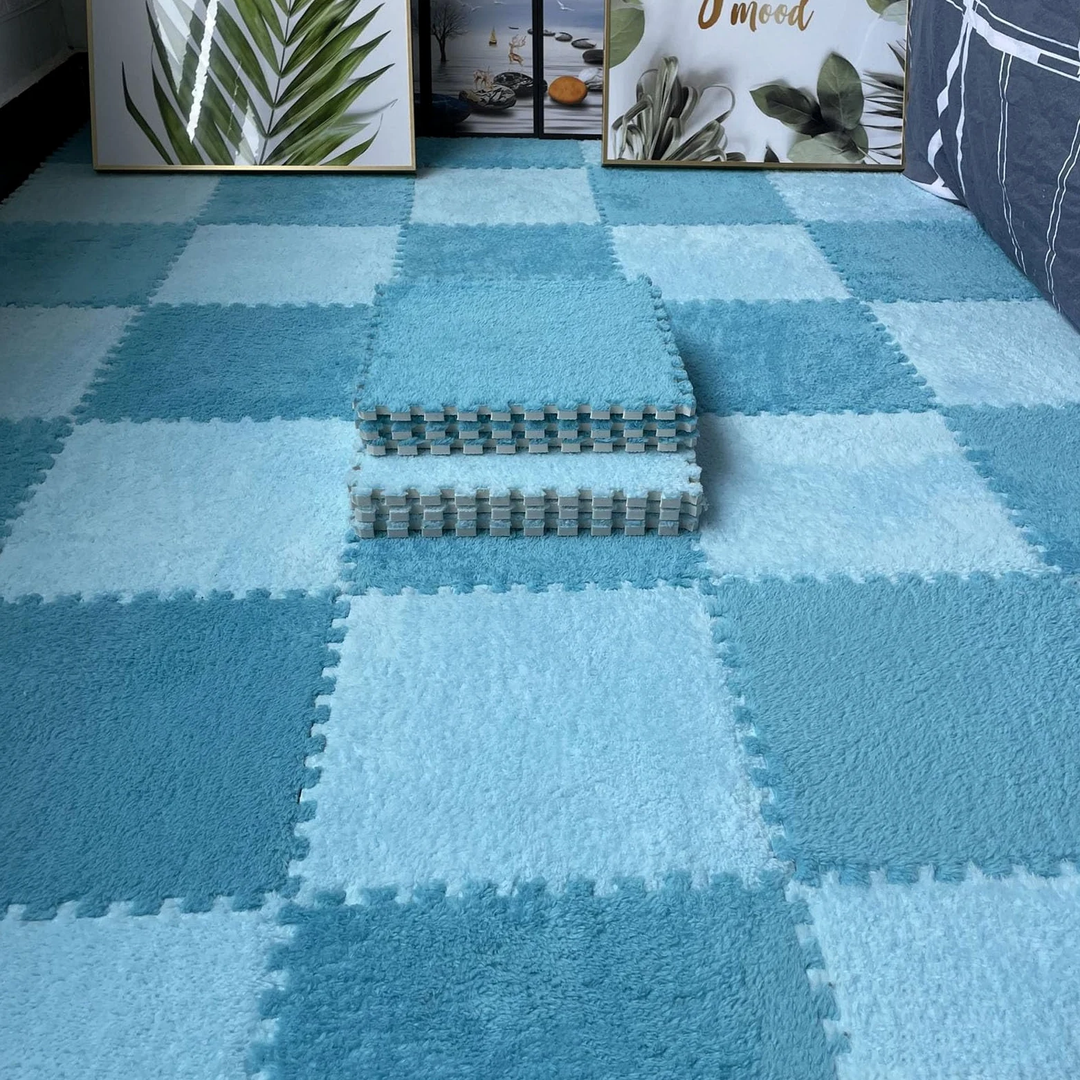 Splice Interlocking Carpet 16 Pezzi Tappetino in Schiuma Patchwork di Peluche, Tappetino in Peluche Quadrato Puzzle, Tappeto in Schiuma Antiscivolo,Dark Blue+Light Blue-0.6cm