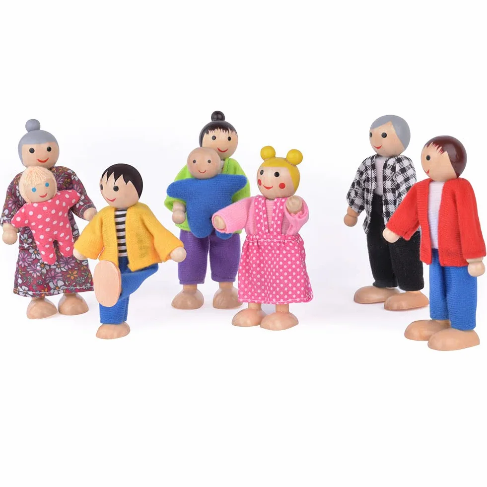 Aolso Casa delle Bambole Famiglia, 8 Pezzi in Legno con 4 Cuccioli, Dollhouse Persone Figure per Finta Casa Accessori Regalo