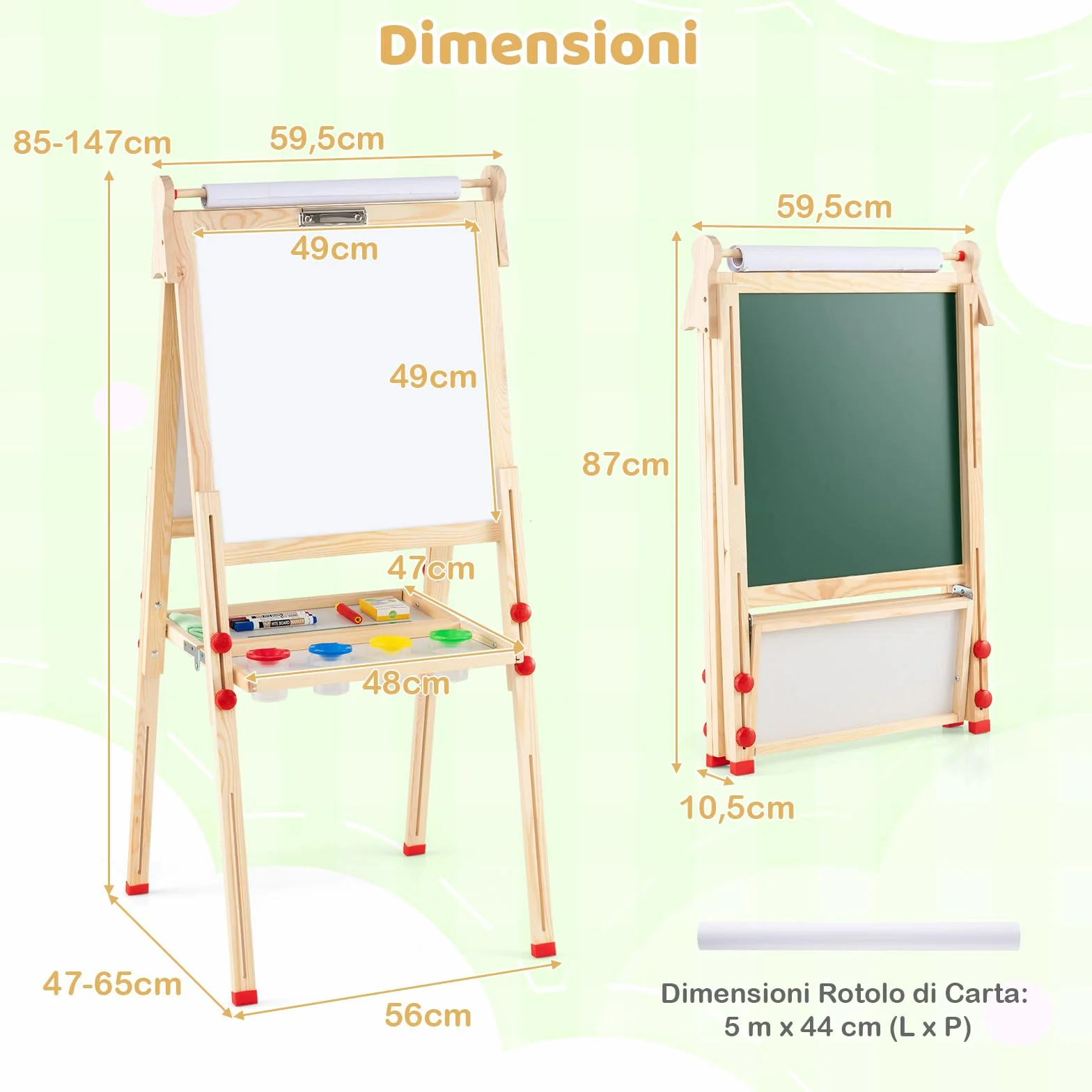 RELAX4LIFE Lavagna Magnetica per Bambini 3 in 1 Cavalletto Pieghevole Altezza Regolabile 85-147 cm Legno di Pino