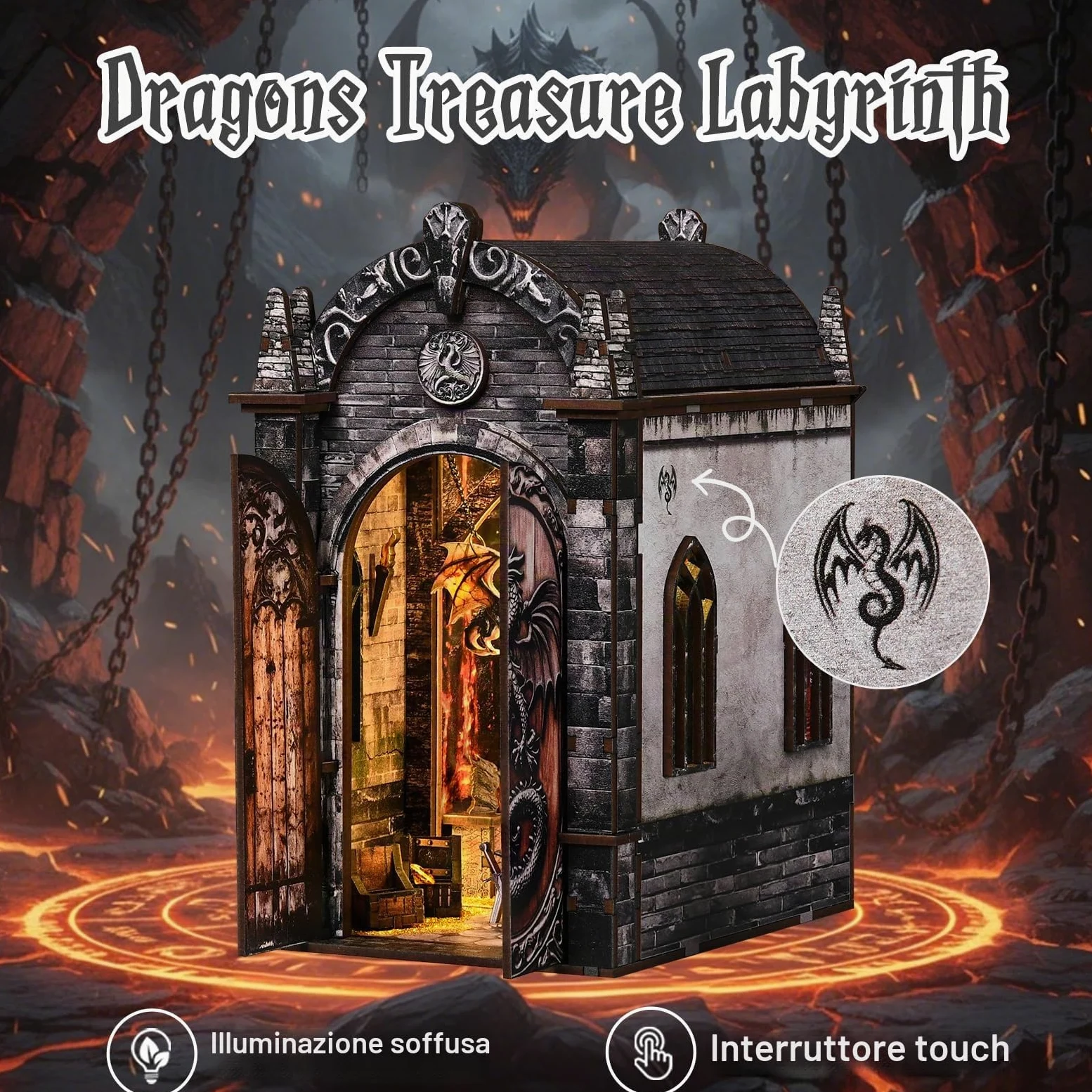 Book Nook Kit per adulti-Labirinto del Tesoro dei Draghi,Puzzle in miniatura 3D fai da te in legno con luci LED,fermalibri in miniatura, decorazione per libreria,Idea Regalo Creativa