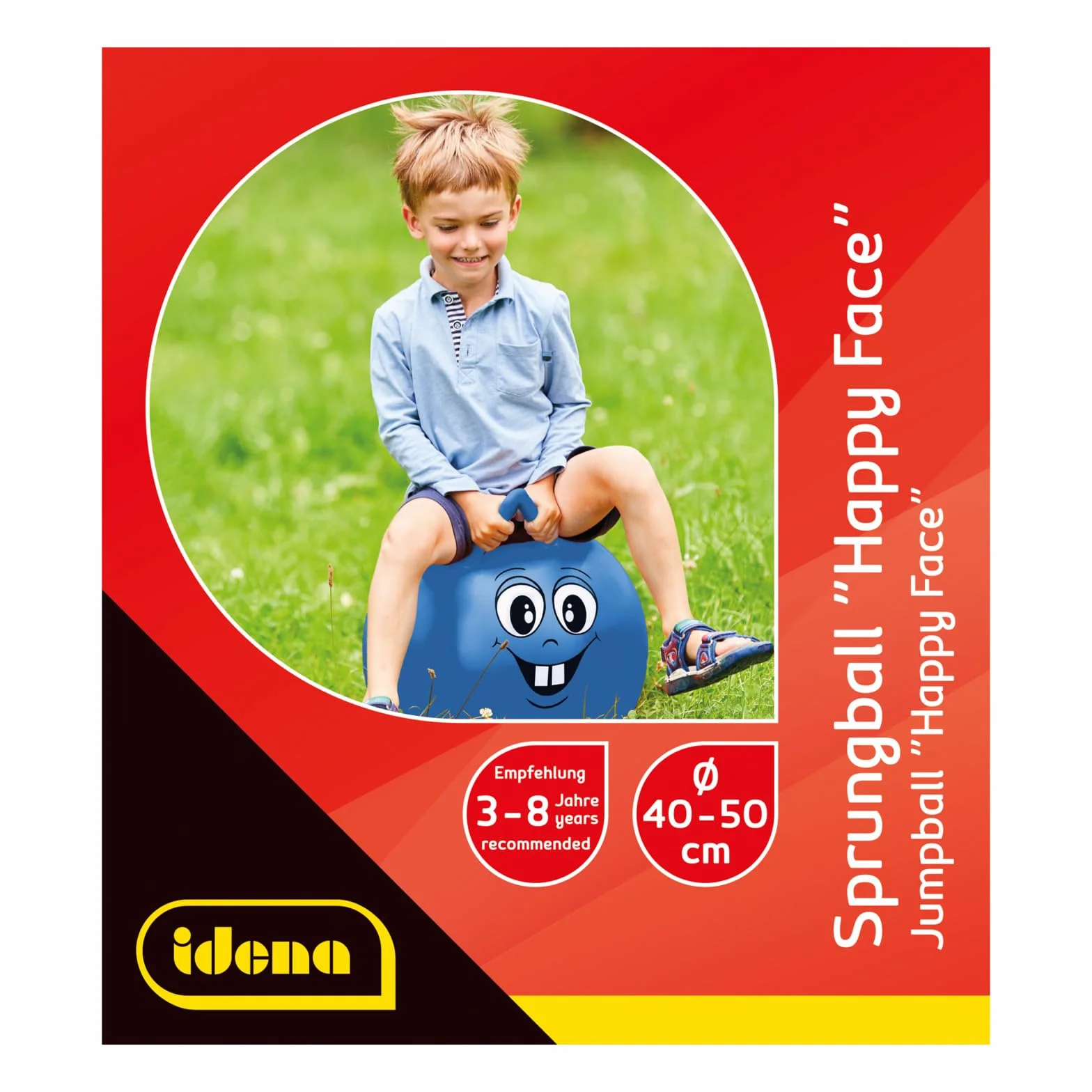 Idena 40094 Happy Face - Pallone per Saltare in Blu, Diametro ca. 45-50 cm, Portata Fino a 50 kg, Perfetto per Estate, Parco o Asilo