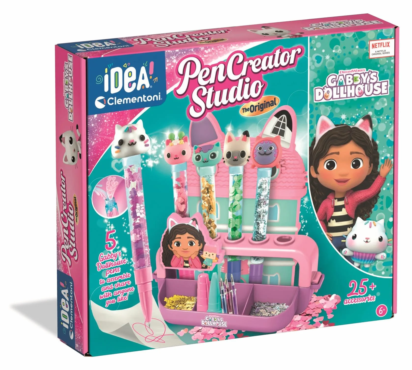 Clementoni Laboratorio delle Penne Gabby's Dollhouse, Kit Creativo per Bambini 6+ Anni, 25+ Accessori, 5 Penne Personalizzabili
