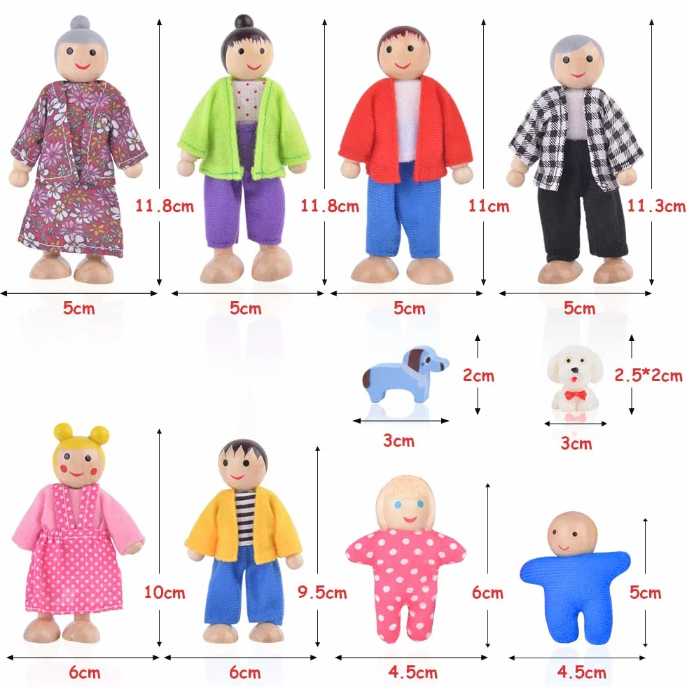 Aolso Casa delle Bambole Famiglia, 8 Pezzi in Legno con 4 Cuccioli, Dollhouse Persone Figure per Finta Casa Accessori Regalo