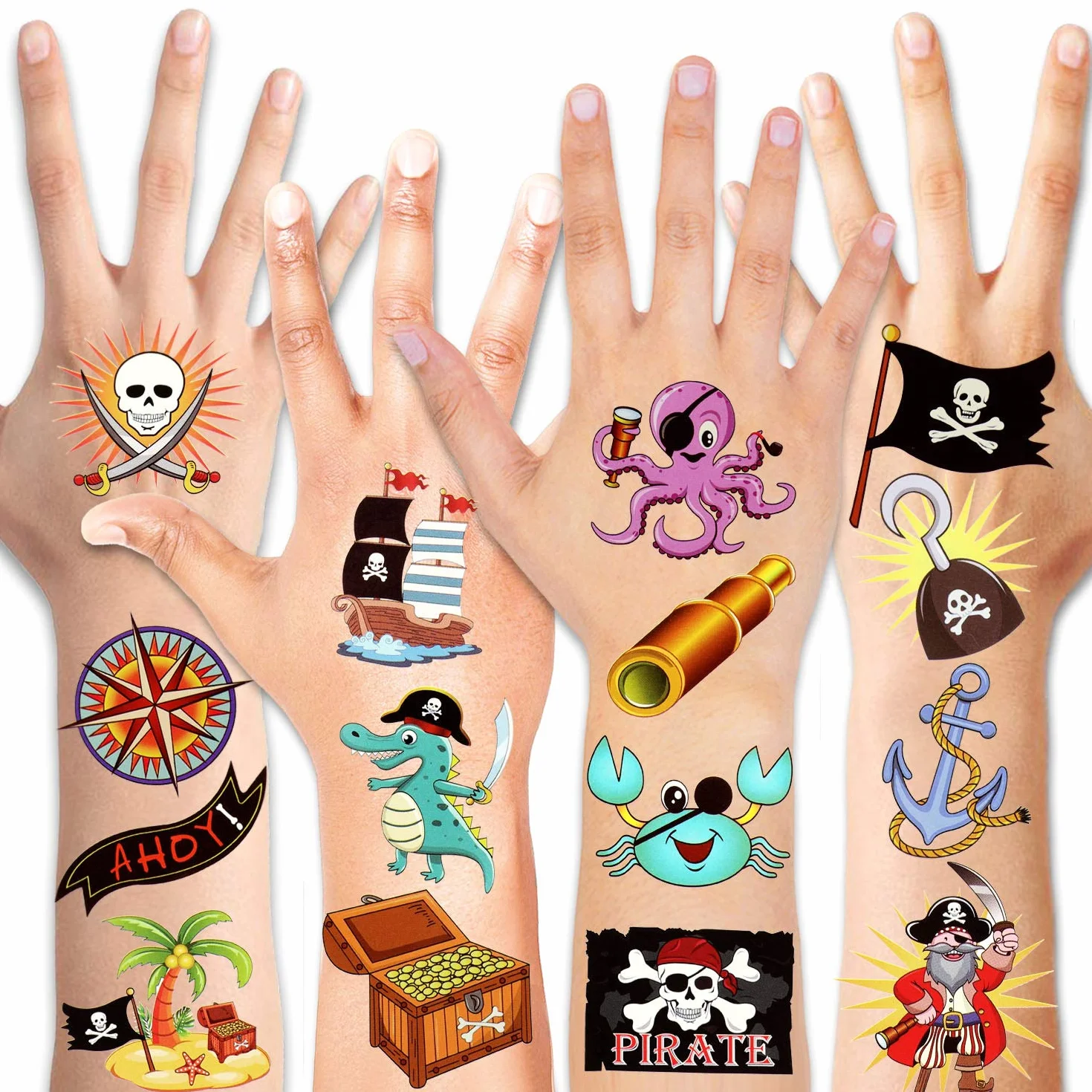 HOWAF Pirati Tatuaggi Temporanei per Bambini, 96Pcs Tatuaggio Temporaneo Falso Tatuaggi Tattoos Adesivi per Bambini Ragazze Ragazzi Regalo Pirati Festa di Compleanno Bomboniere Giocattolo
