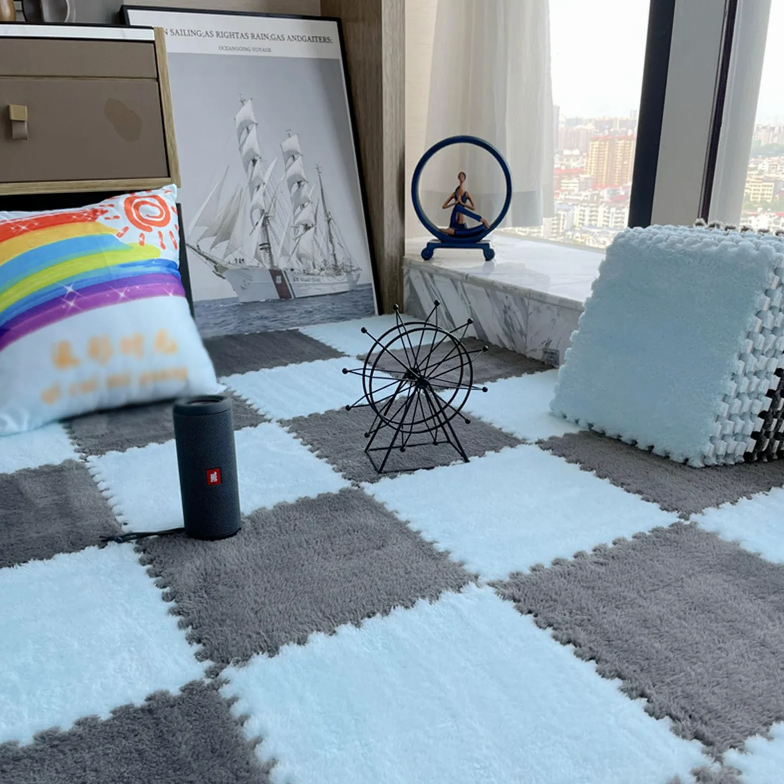 Splice Interlocking Carpet 20 Pezzi Quadrati Tappetino in Schiuma di Peluche, Tappeto Antiscivolo ad Incastro, Arredamento per la casa, Tappeto in Schiuma Antiscivolo,Gray+Light Blue