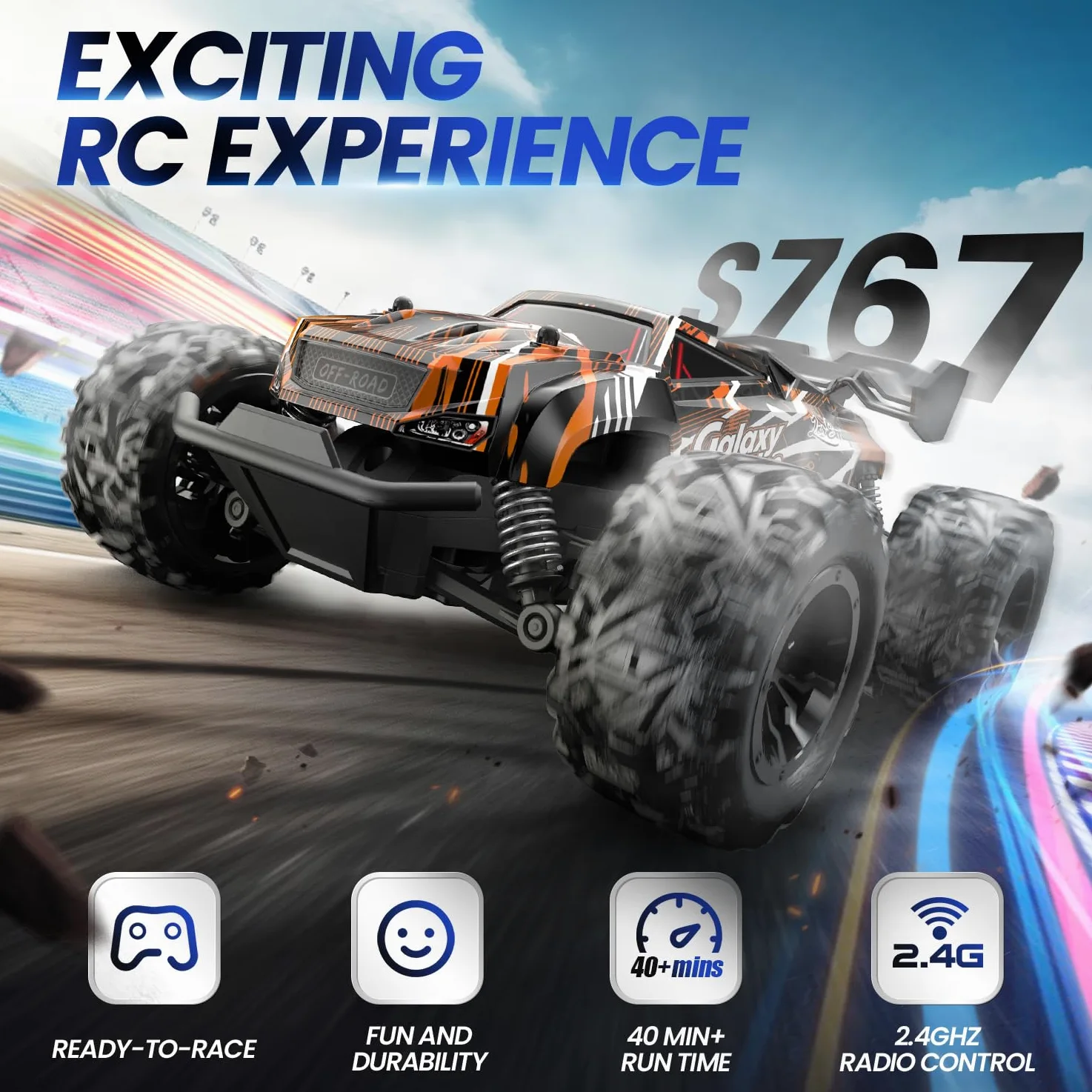 DEERC Auto telecomandata, auto radiocomandata, 2,4 GHz, con 2 batterie ricaricabili per 40 minuti di riproduzione, All Terrain Off-Road Monster Truck giocattolo per ragazzi bambini a partire dagli 8