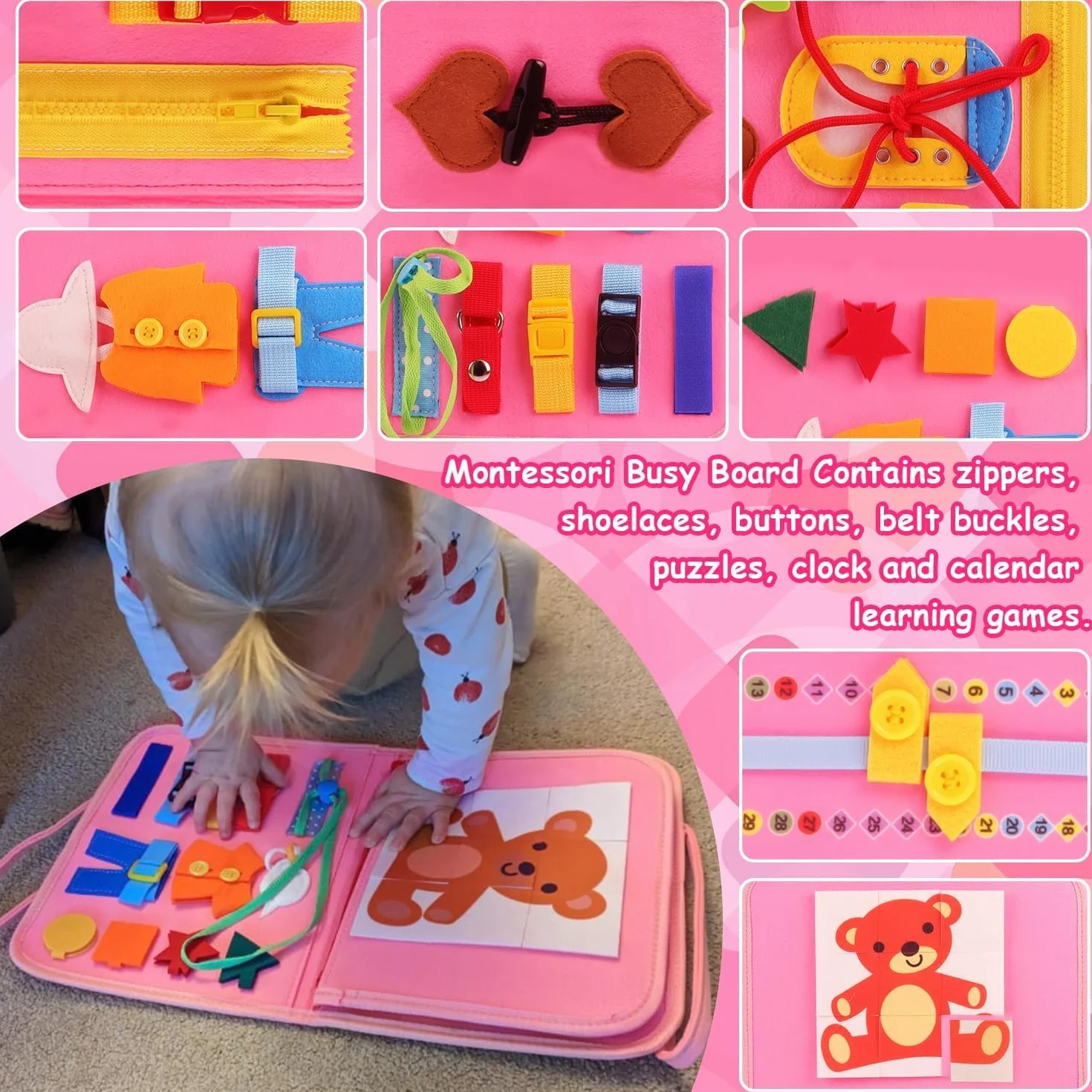 Montessori Busy Board 28x21cm Tavola Sensoriale Educativa per Bambini Rosa