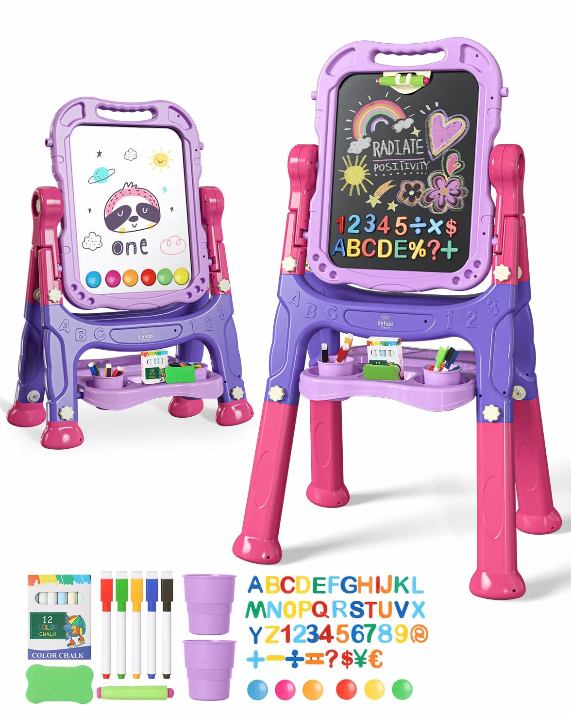 Lehoo Castle Lavagna per Bambini, 4 in 1 Lavagna Magnetica per Bambini, 360° Cavalletto Pitturai Regolabile Altezza, Giocattolo Educativo 3+ Anni(Viola)