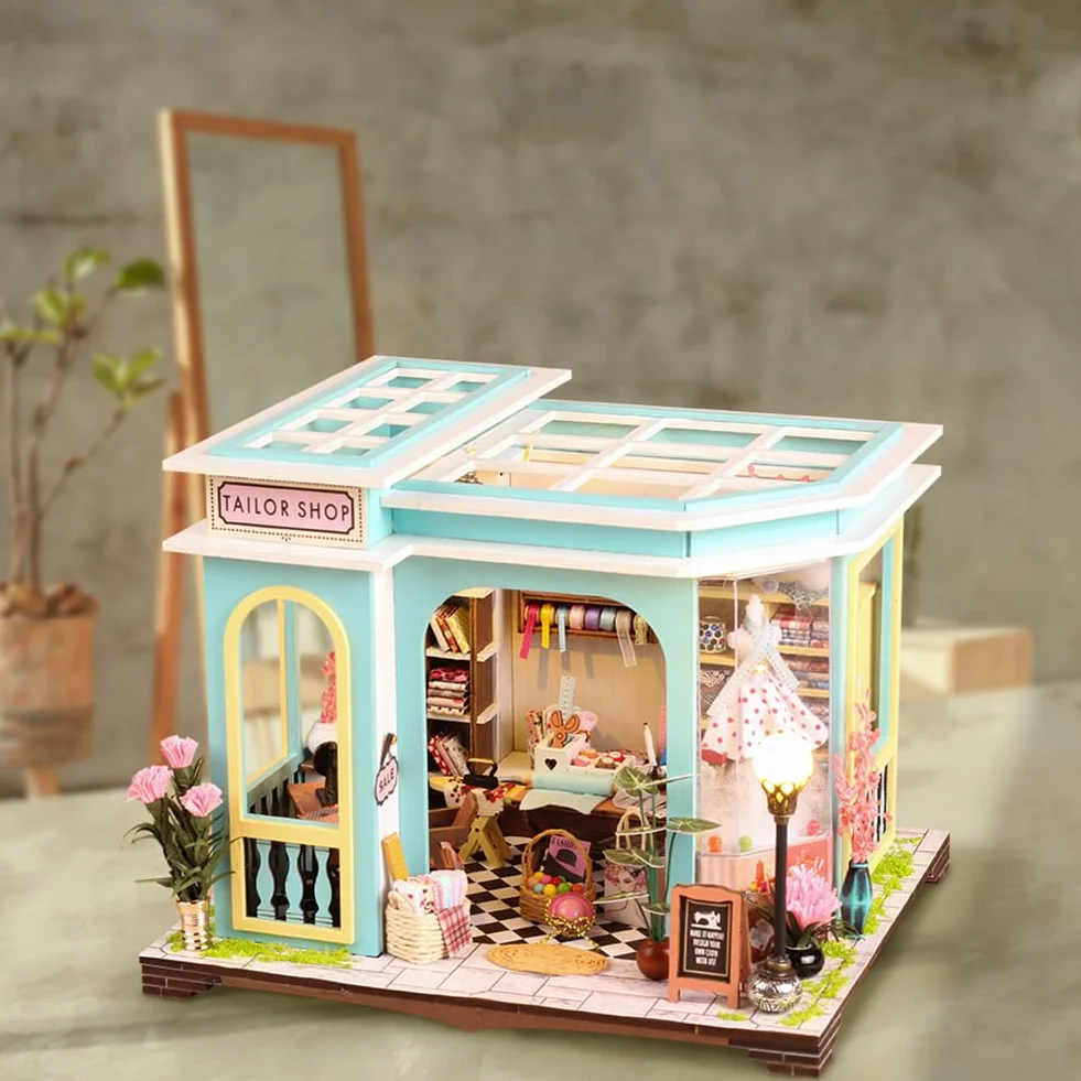 Accessori per casa delle bambole in legno, kit fai da te in miniatura per adulti, kit creativo per sartoria piccola casa con mobili e luci a LED, regalo di compleanno da donna