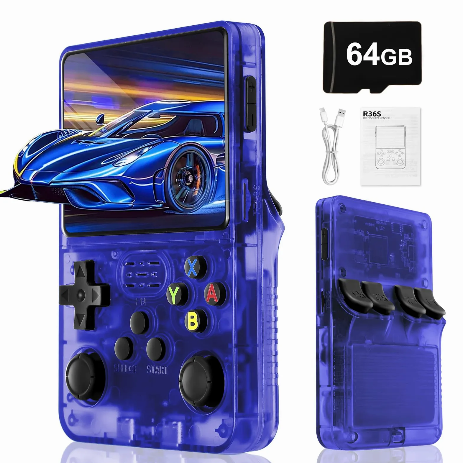 Console per videogiochi retrò R36S-Batteria ricaricabile da 3000 mAh, schermo HD da 3,5 pollici, scheda TF da 64 GB, sistema Linux open source, oltre 20000 videogiochi classici-Blu