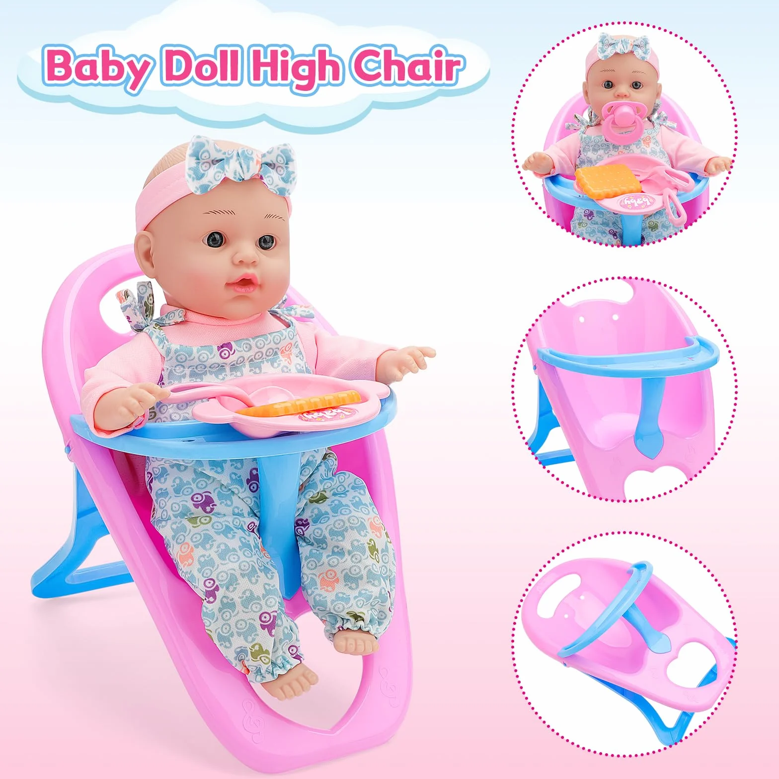 deAO Carrozzina Bambole con Bambola 30 cm, Seggiolone e Accessori Passeggino Giocattolo per Bambina dai 3 Anni, con Cestino Portaoggetti e Borsa Giocattolo Educativo per Bambina 3+ Anni