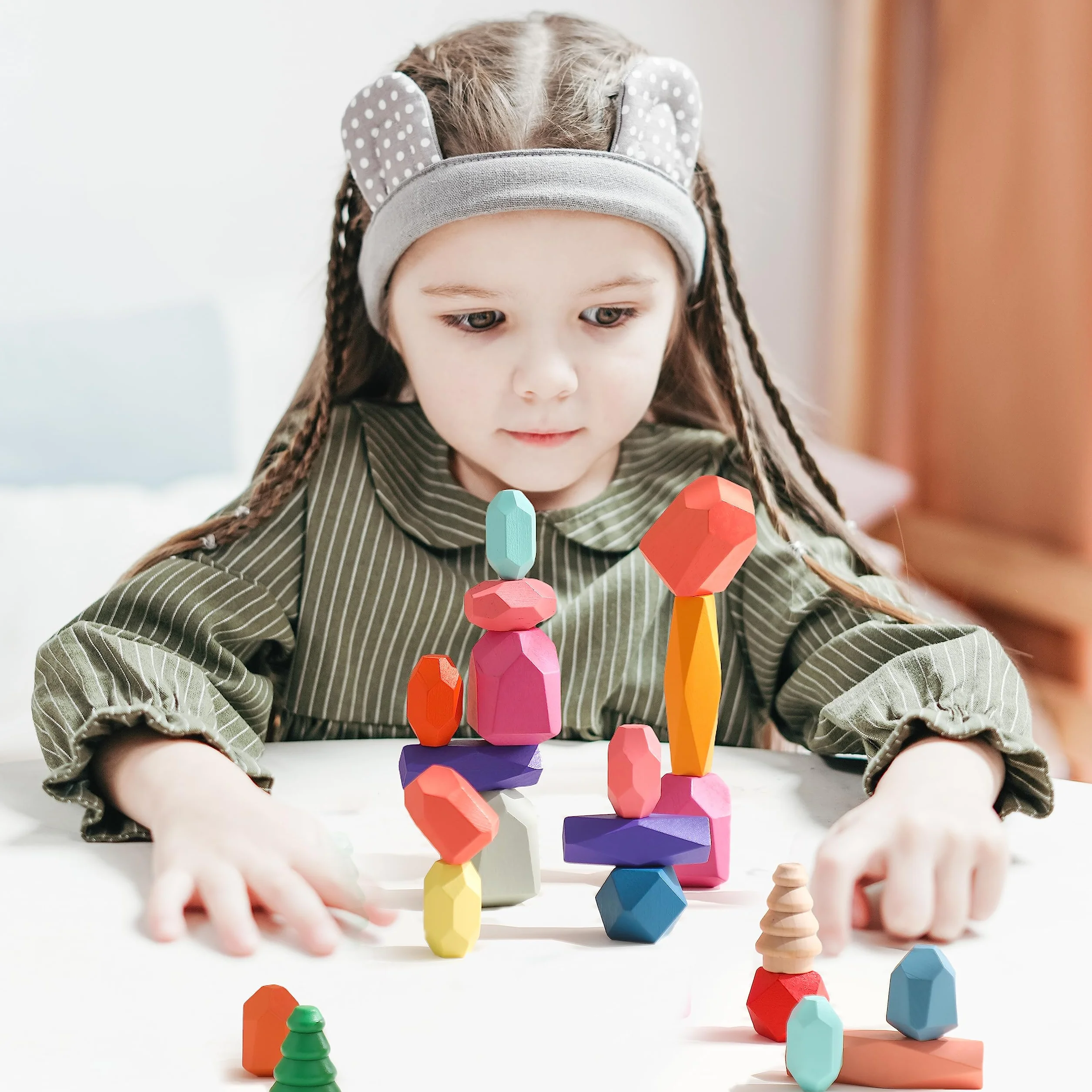 Giocattoli Impilabili in Legno - Pietre di Bilanciamento Waldorf Natura Blocchi di Costruzione Arcobaleno - Montessori (48 Pezzi Set)