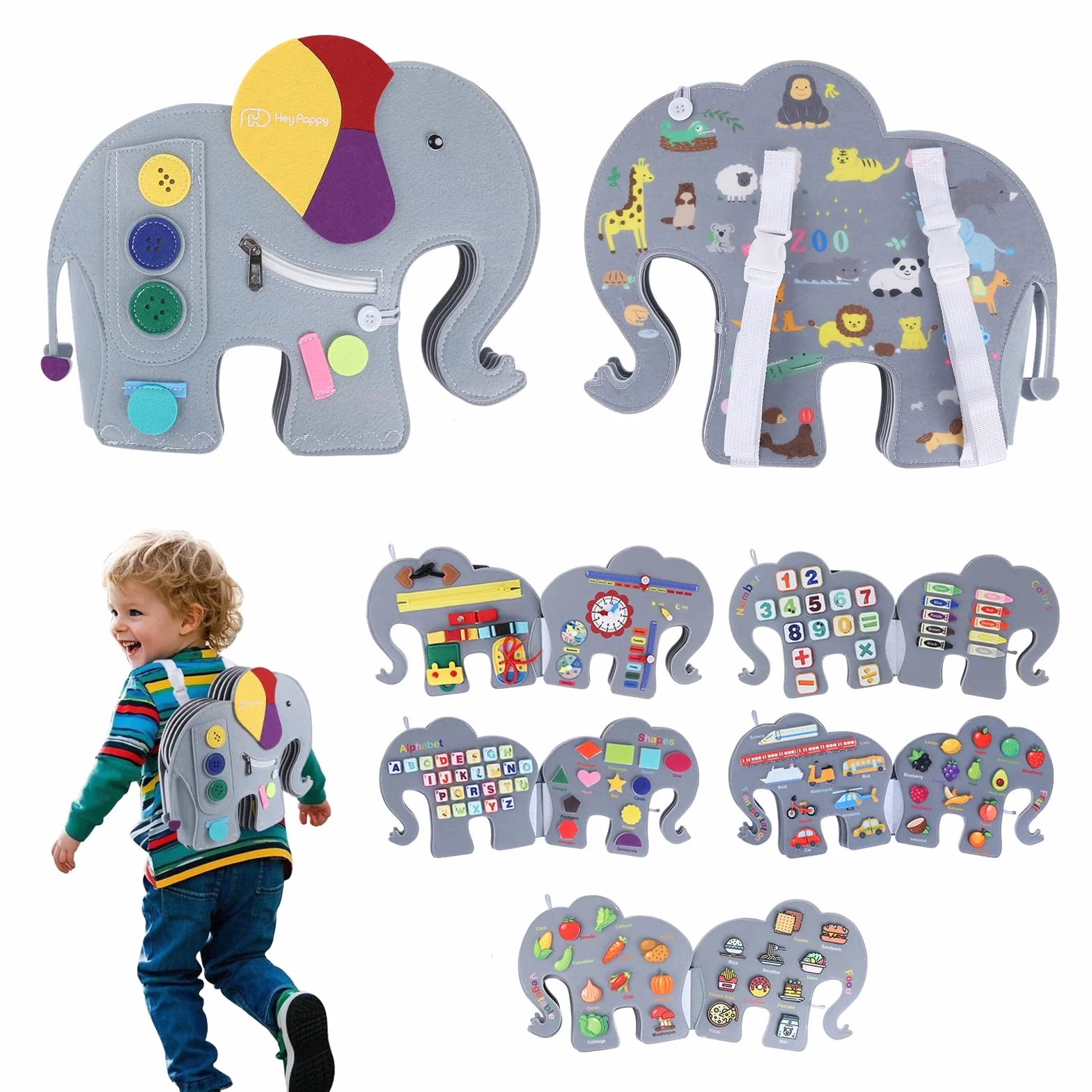 Heypappy Busy Board 12 in 1 Montessori Feltro Libro Sensoriale Educativo Giocattolo Abilità Motorie con Zaino Regalo