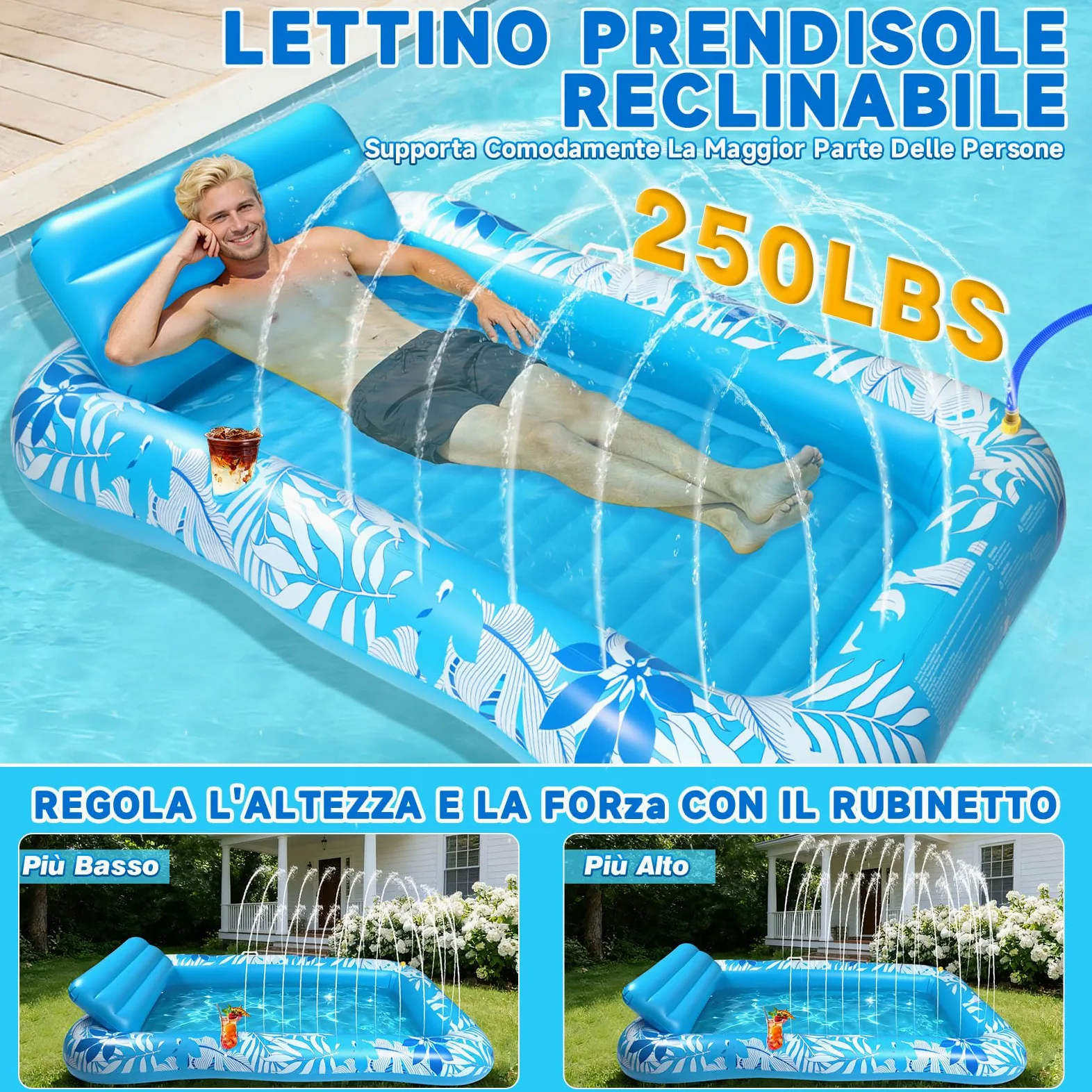 Materassino Gonfiabile Piscina Spruzzo, Piscina Abbronzante Adulti Poggiatesta Portabibite 210 * 130CM Gonfiabile Amaca Galleggiante Tanning Pool per Giardino Prato Spiaggia