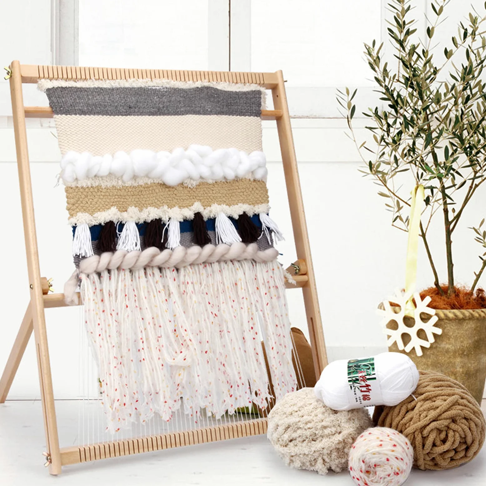 Kit per tessitura in legno, telaio per tessitura multi-mestiere in legno, regolabile a mano, telaio per arazzo con pettine e bobina per principianti e bambini (70 x 50 cm)