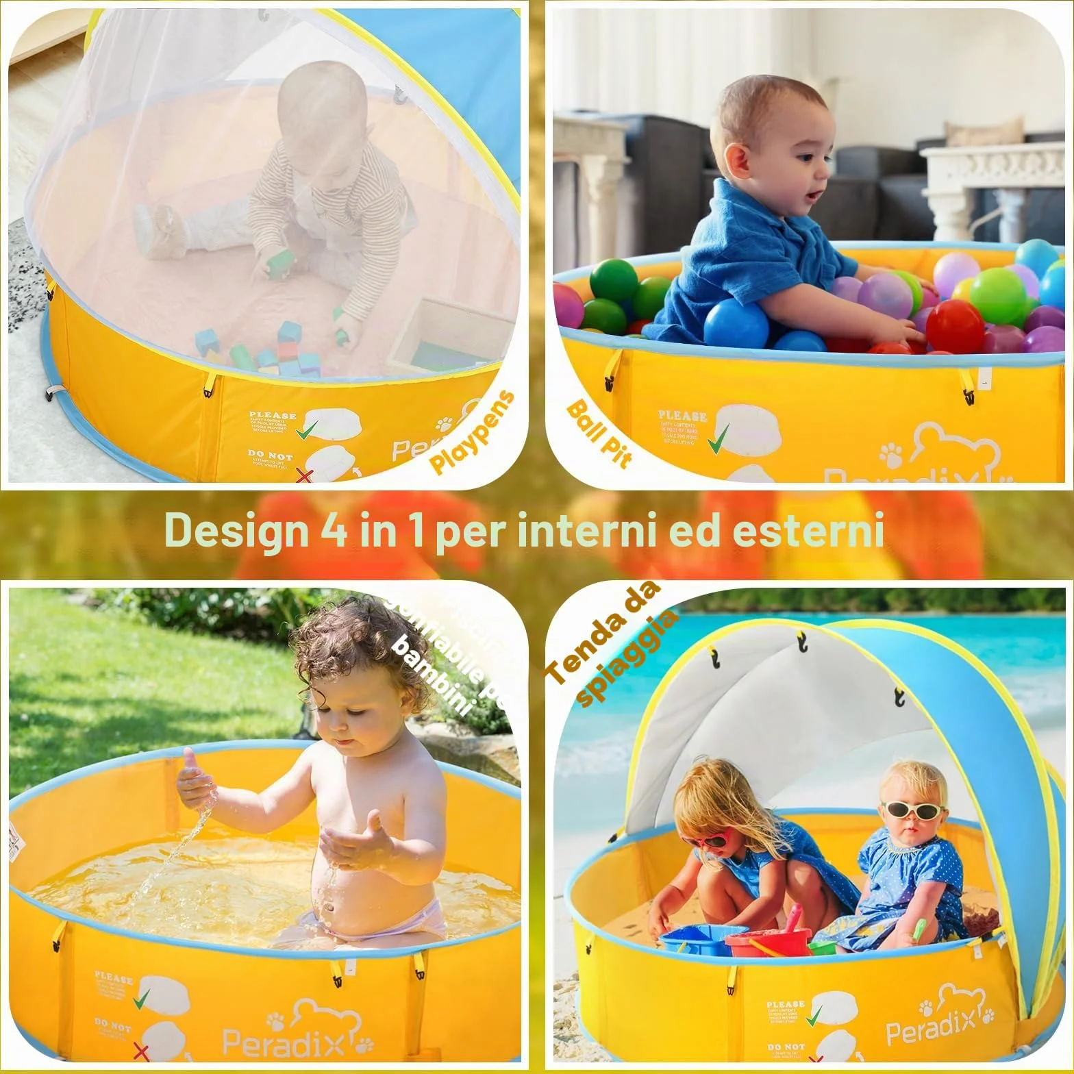 Peradix Piscina per bambini 4 in 1, con protezione dai raggi UV, tenda da spiaggia con zanzariera, tenda da gioco portatile, per la protezione solare estiva per anni (blu e giallo)