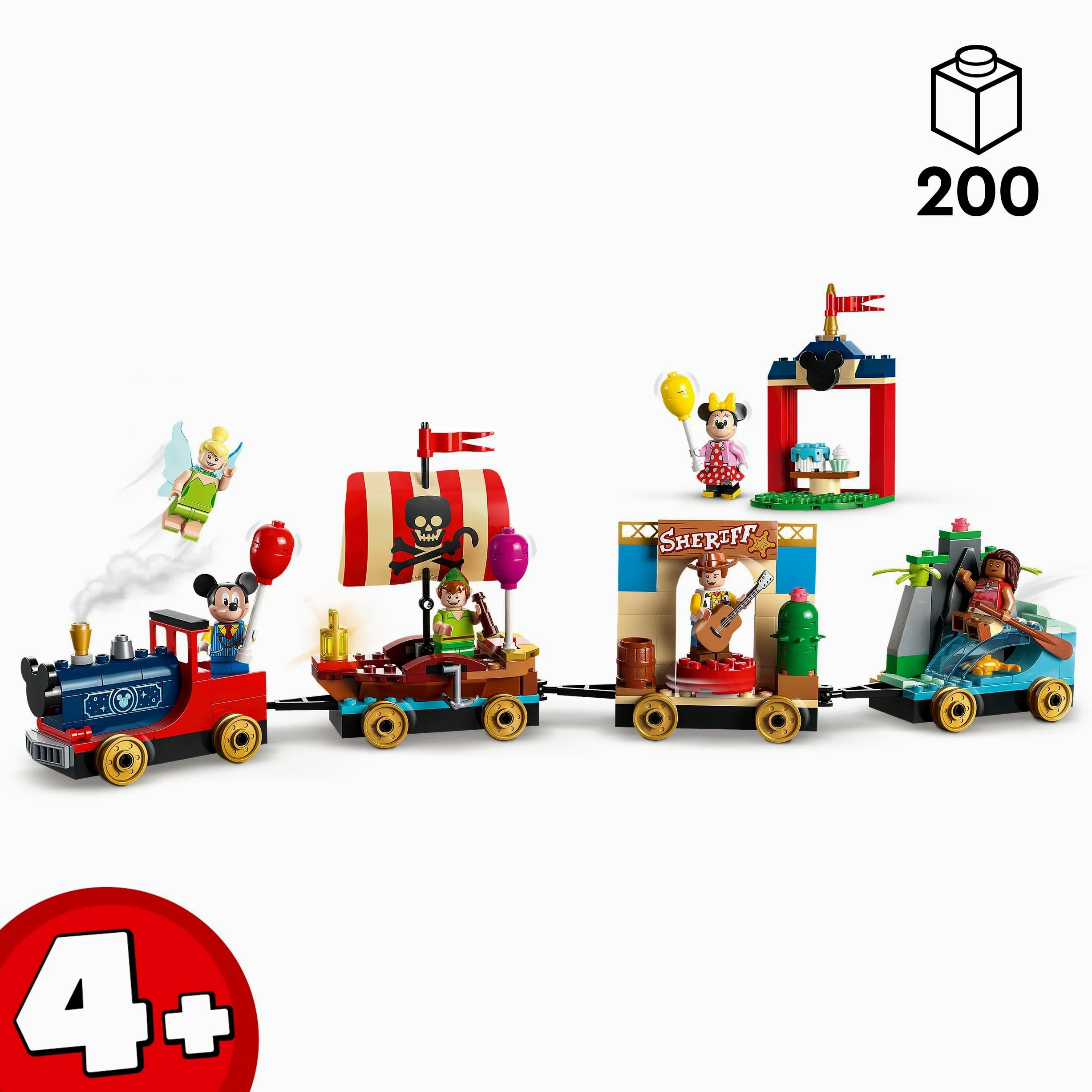 LEGO Disney Treno delle Celebrazioni Disney, Giochi per Bambini e Bambine da 4 anni, Giocattolo Serie 100° Anniversario con Carri di Vaiana, Woody, Peter Pan e Trilli più Topolino e Minnie 43212