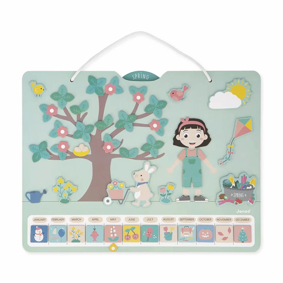 Janod - Calendario delle Stagioni - Calendario Educativo in Legno per Bambini 42 x 32 cm - Magnetico - 125 Magneti - Tempo e Stagioni - Versione Inglese - Dai 3 Anni, J5464