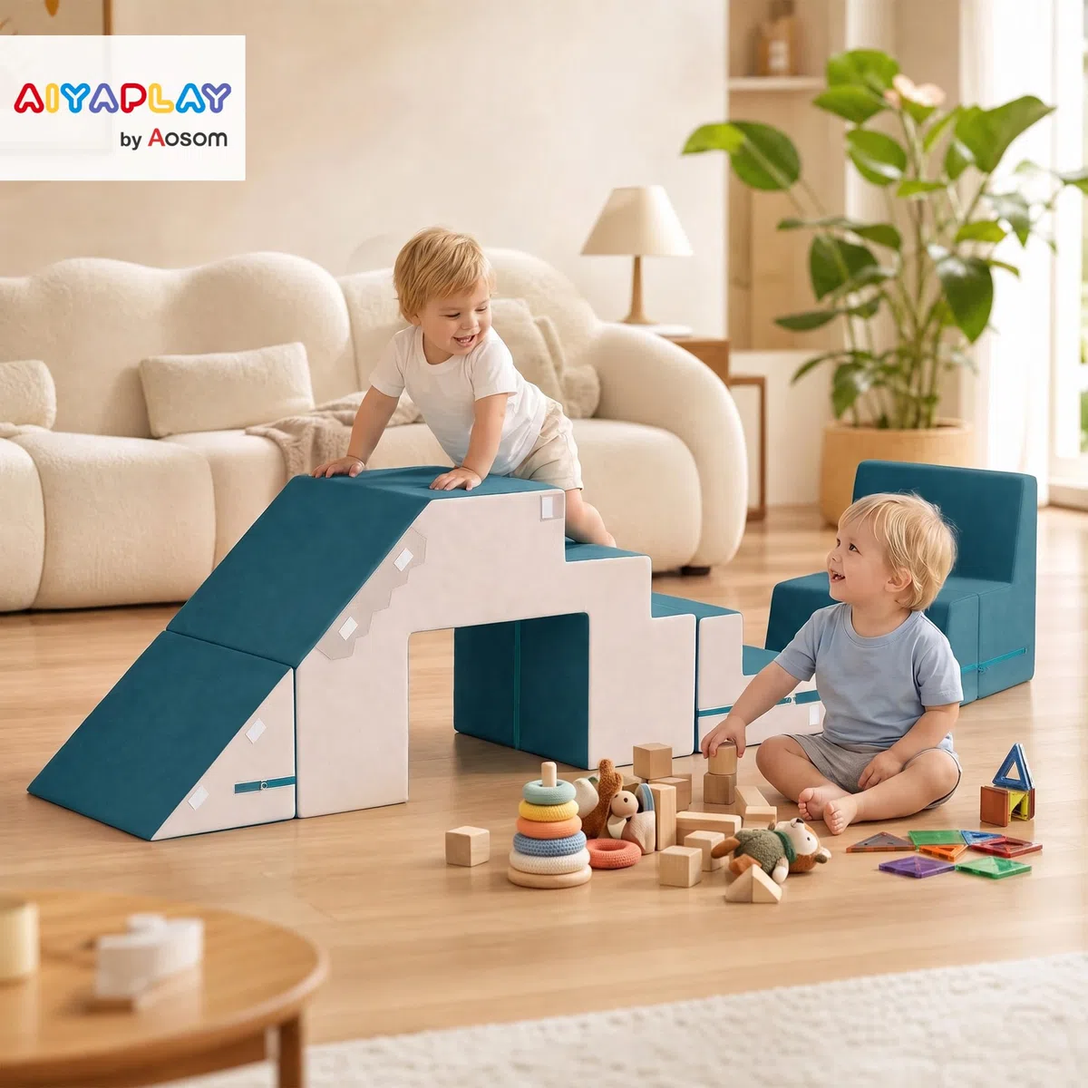 AIYAPLAY Set Gioco Morbido per Neonati, 2 Blocchi in Schiuma per Arrampicarsi e Gattonare con Rivestimento Sfoderabile, per Bambini 6 Mesi-3 Anni, Blu Scuro