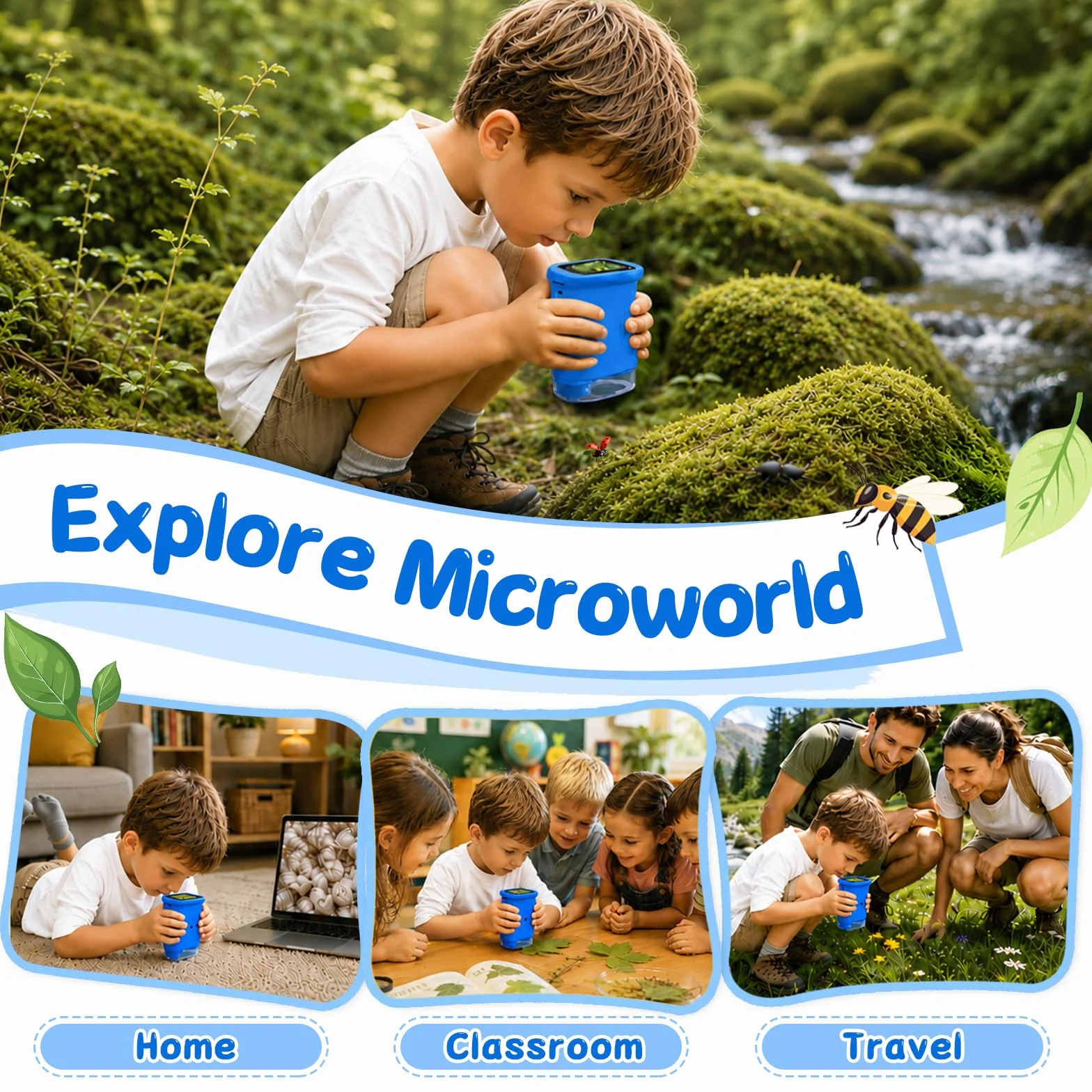 Microscopio Digitale Bambini 1000X, Microscopio Portatile con Schermo IPS 2 Pollici, 8 LED Luce Regolabile, Foto e Video, Regalo di Compleanno per Bambini Ragazzi e Ragazze (Blu)