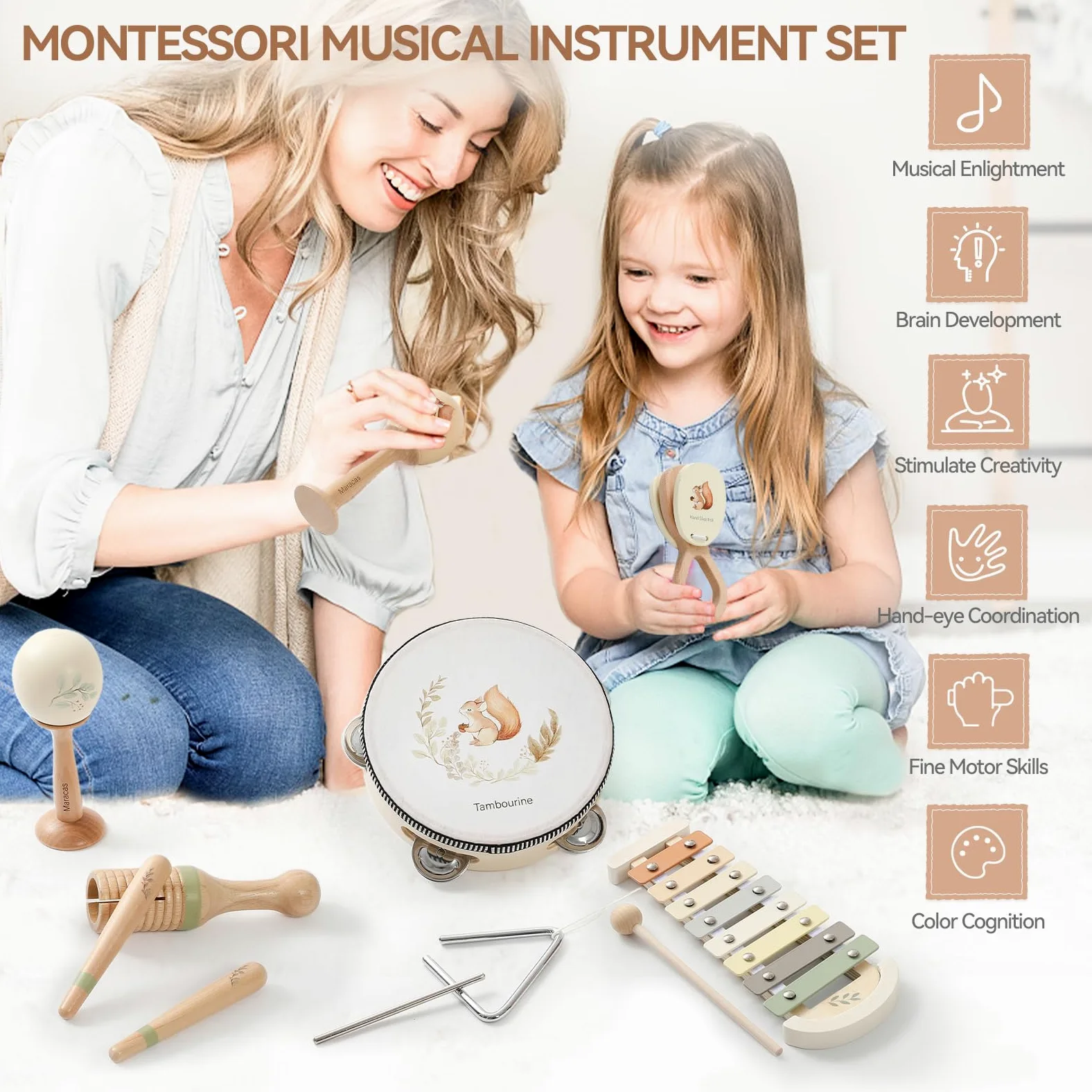 OESSUF Strumenti musicali per bambino a partire da 1 anno, xilofono e tamburello in legno, giocattoli Montessori a partire da 1 2 3 anni