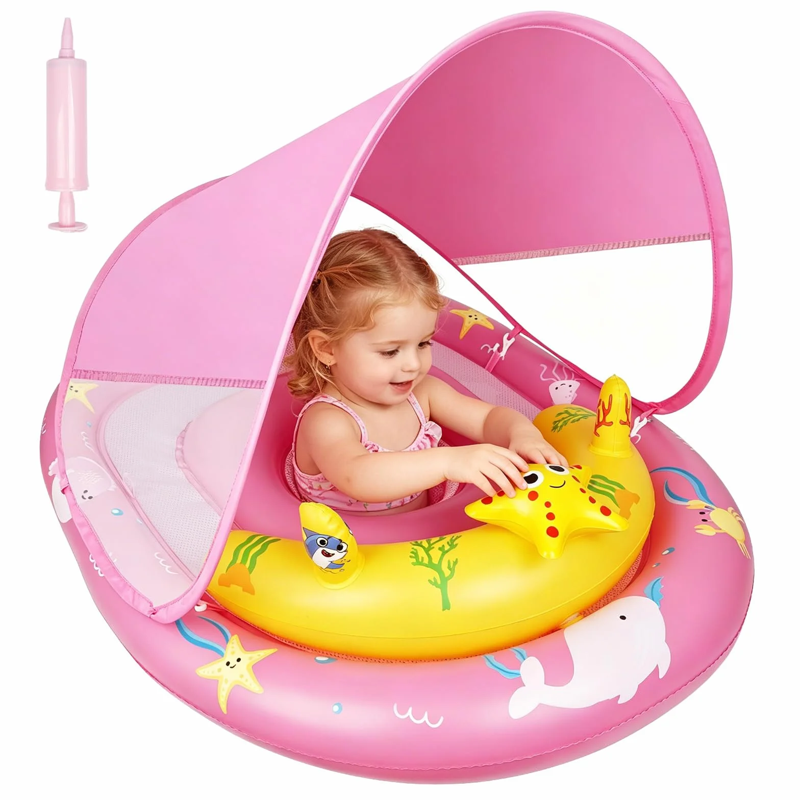 Salvagente Neonato con Tettuccio Parasole UPF50+, Salvagente Bambini con Sedile di Sicurezza Regolabile, Galleggiante per Bambini di Età Compresa tra 6 e 24 Mesi.
