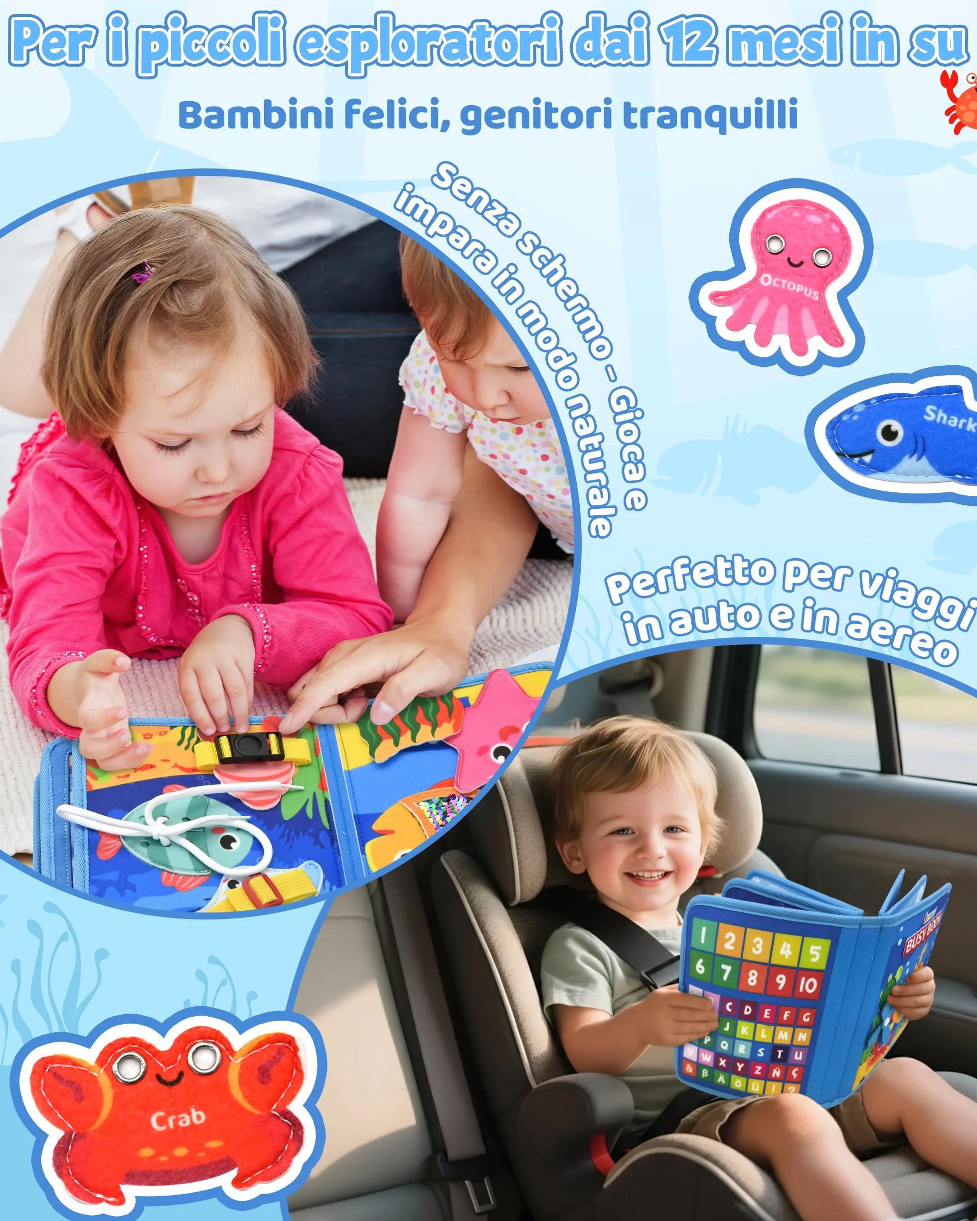 Busy Board Montessori Libro Interattivo 1-3 Anno - Giochi Montessori Sensoriale Educativo Valigetta Regalo Bimbo