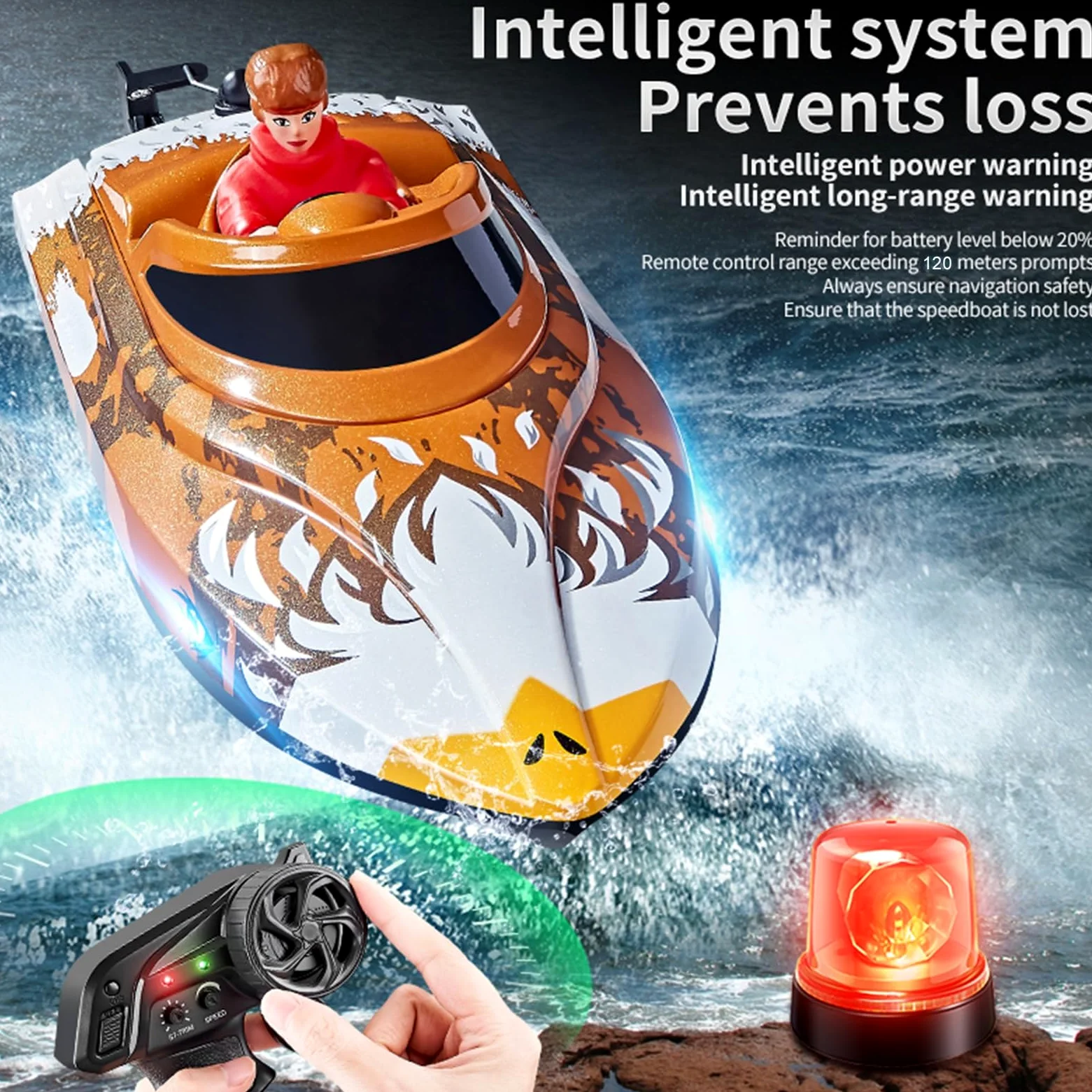 Barca telecomandata, 25 km/h, barche da corsa Speedboat ad alta velocità, barca RC da 2,4 GHz con luci LED, allarme a bassa tensione, ripristino automatico con un clic (marrone)