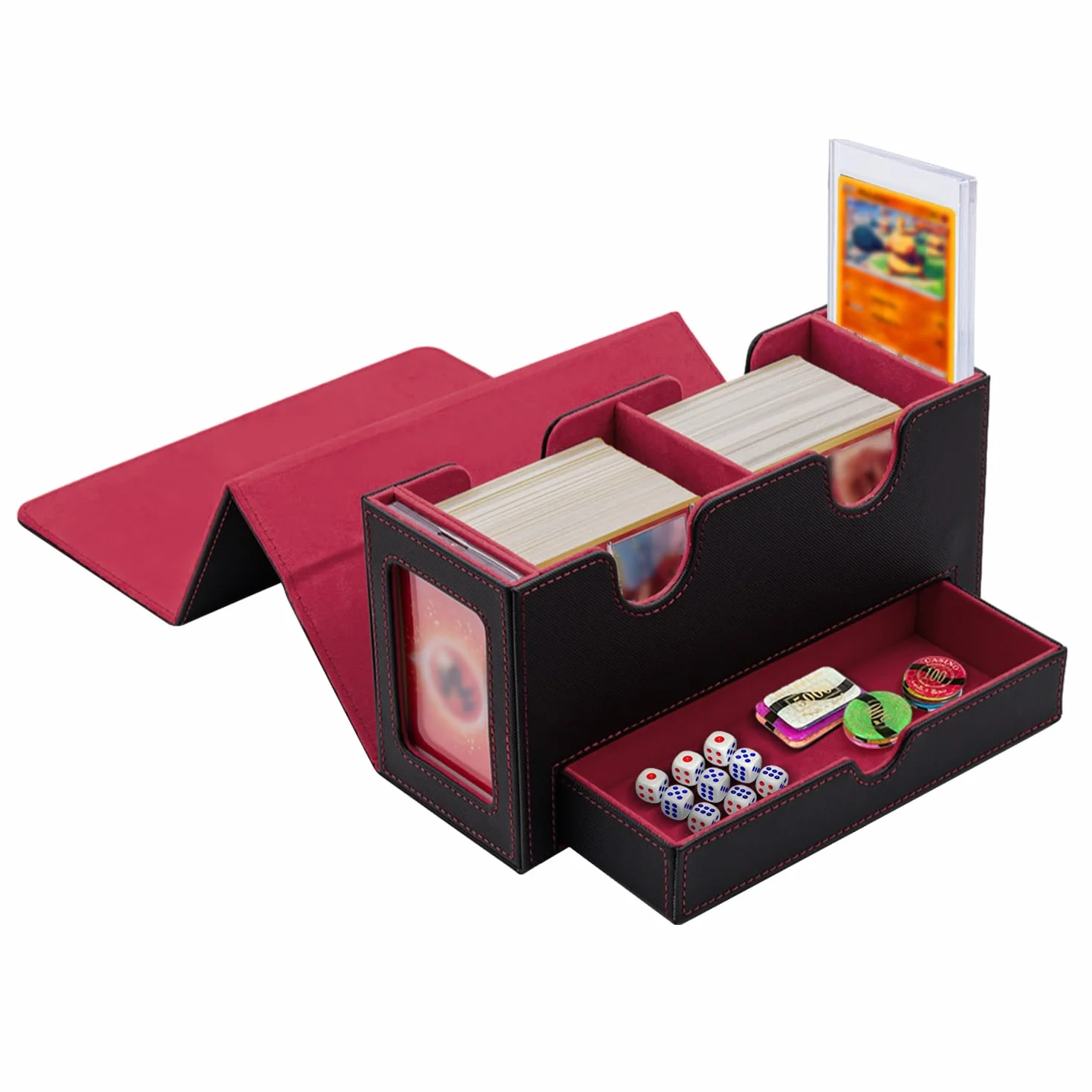 Tolesum Doppio Deck Box Porta Mazzo per MTG, Capacità di 300+ New Carte Senza Maniche con 1 Dice Tray,Magnetic Flip Deck Box per Scatola di Carte di Collezione Magic Commander TCG -Nero e Rosso