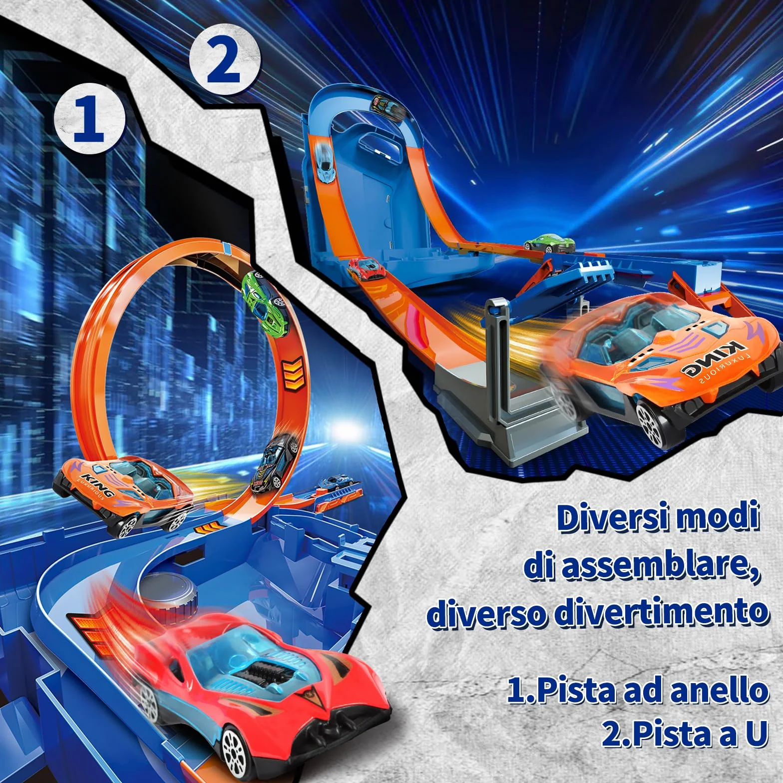Charmofun Pista Macchinine 2 in1, Giocattolo Piste da Corsa con 6 Auto, Scatola Immagazzinaggio, Piste Macchinine per Bambini con Anello e Binari a U, Portatile Pista per Bambini 3+ Anni (Blu)