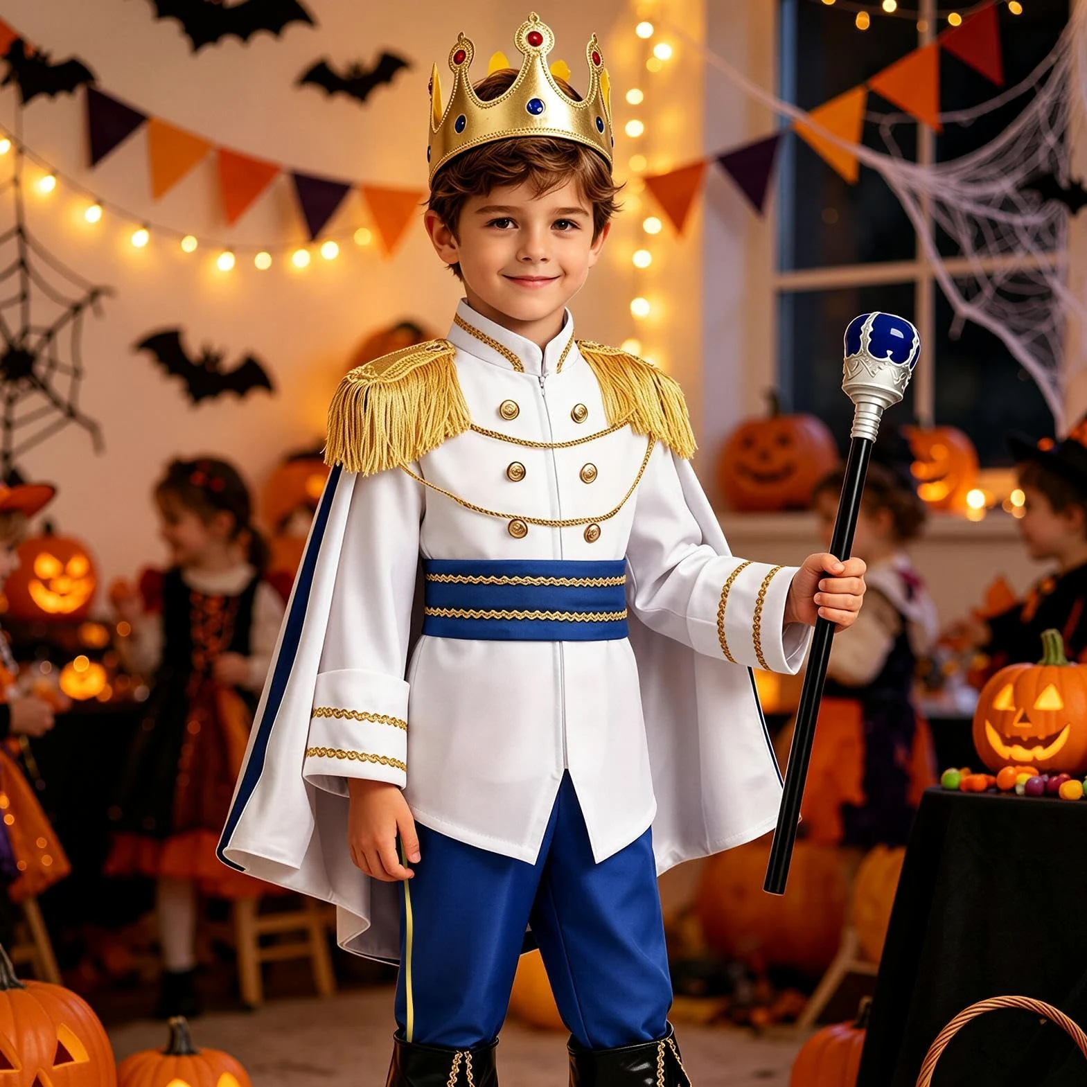Costume da Re per Bambini Costume Reale Halloween a 7 Pezzi con Corona | Abiti Cosplay per Bambini con Mantello per Vacanza Festa Celebrazione Carnevale Abbigliamento Quotidiano Palco