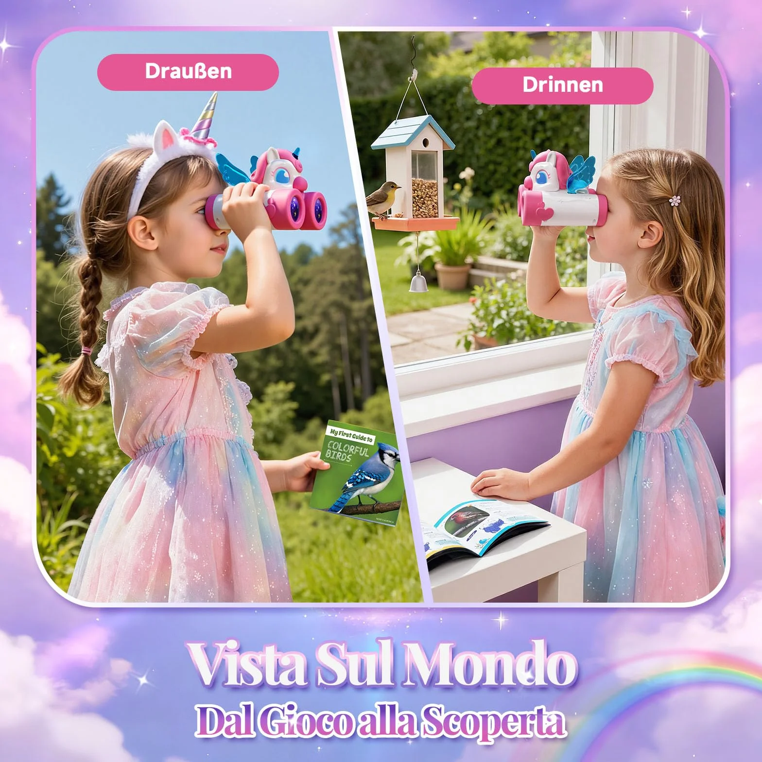 Binocolo Bambini con Guida Uccelli, Unicorno Bambina Regalo 3-12 Anni Giochi Bambina 3 4 5 6 7 8 9 Anni, Giocattolo Bambini Gioco Bimba 3-10 Anni Femmina Esterno Giardino Educativo Regali Compleanno