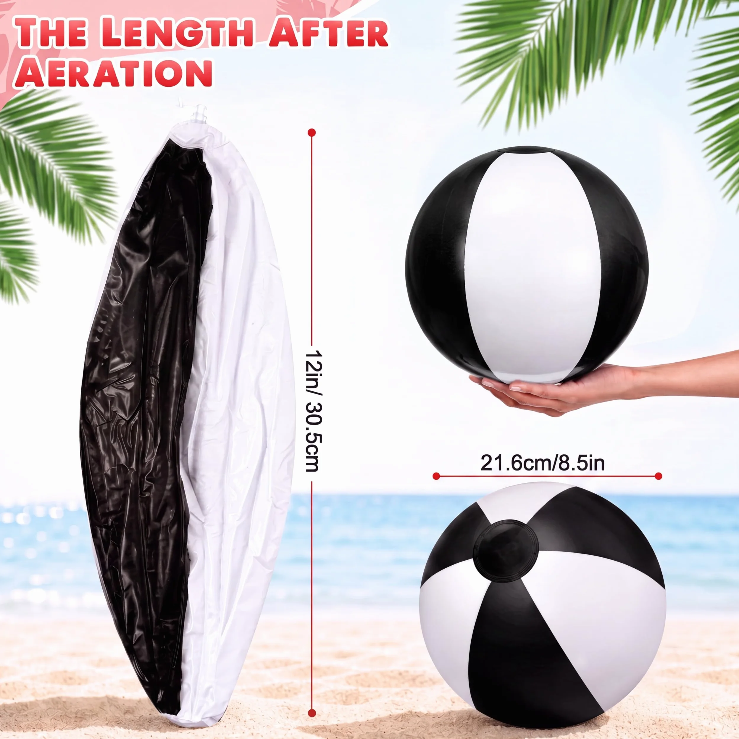 Zhanmai 40 palline da spiaggia gonfiabili, 25,4 cm, per piscina e spiaggia, per adolescenti e adulti, giocattoli per piscina, decorazioni estive hawaiane a tema tropicale, bomboniere (nero e bianco)