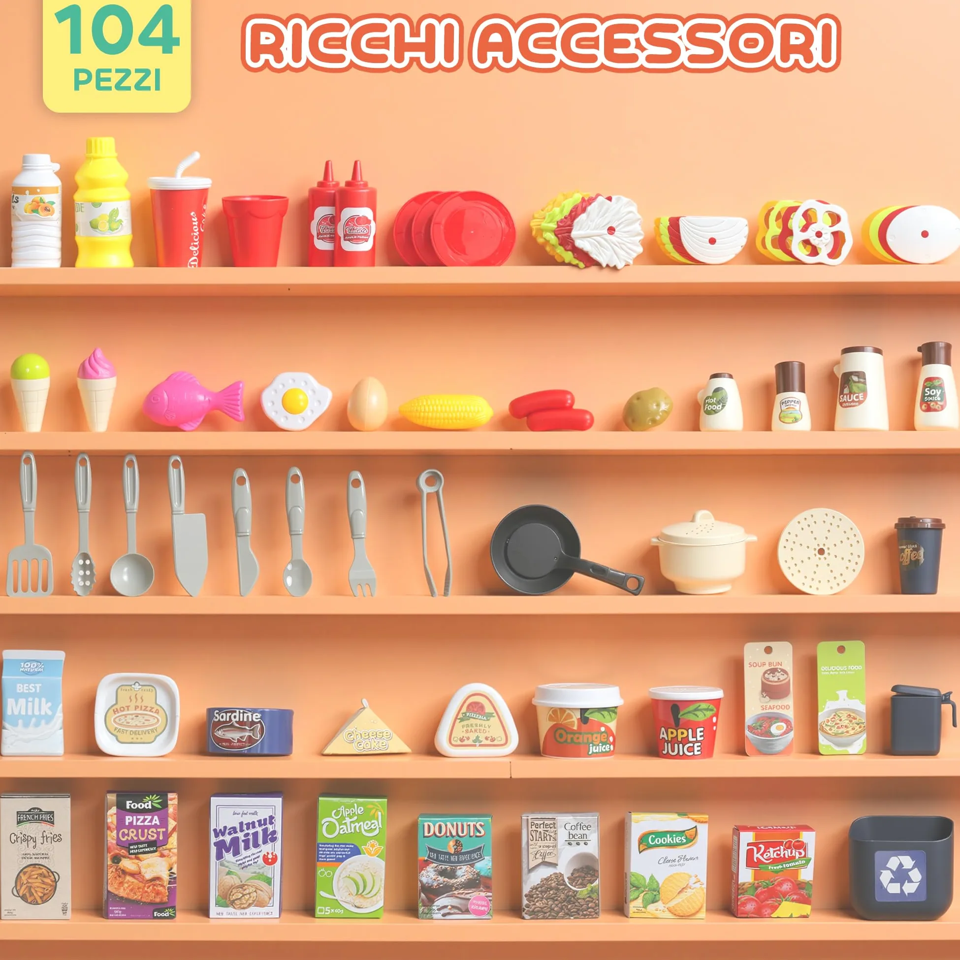 AIYAPLAY Cucina Giocattolo con 104 Accessori 3-6 Anni 52.5x22x100 cm Rosa | Suoni Realistici, Gioco per Bambini, in PP, PE e ABS