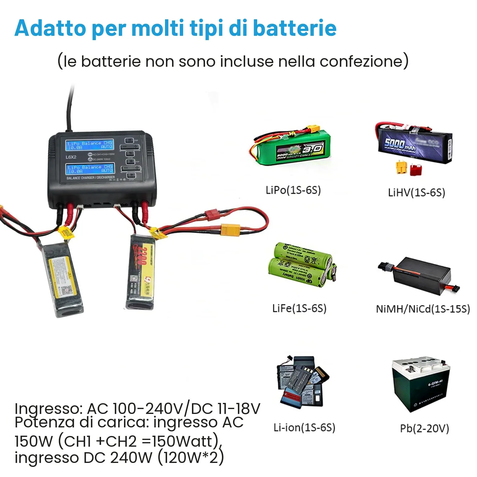 Haisito L6X2 Duo RC Balance Charger/Scaricatore per Lilon LiPo Life LiHV NiCd NiMH PB Smart Batteria Dual Multicciatore AC 150W/DC 240W 10A x 2