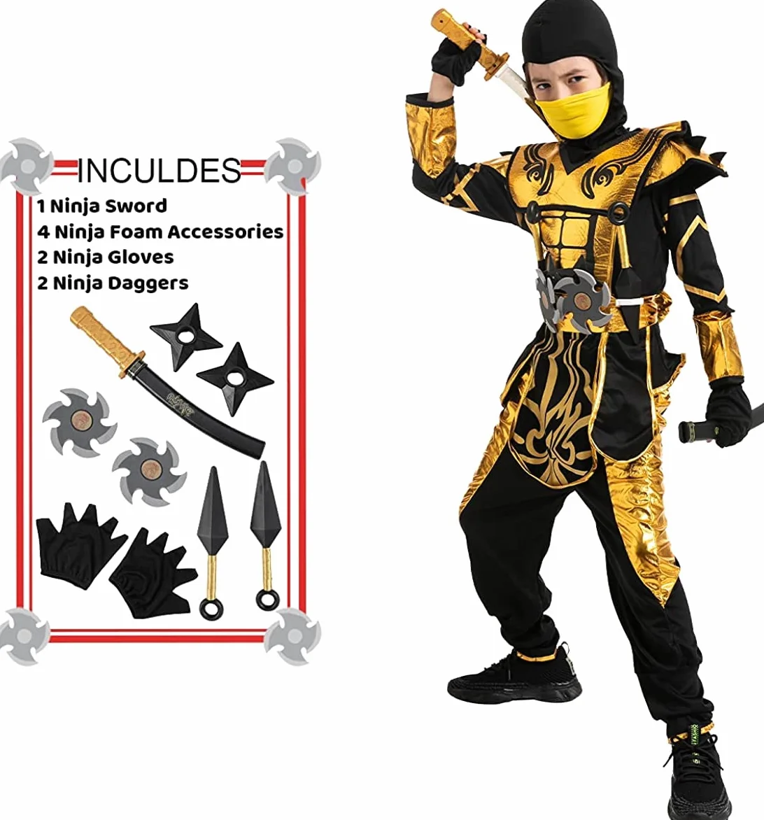 Spooktacular Creations Costume da ninja d'oro per feste a tema ninja per bambini Costume di Halloween da ninja gioco di ruolo Festa di Natale