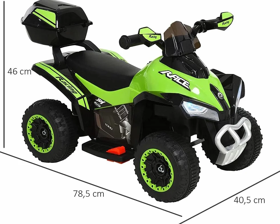Tecnobike Shop Mini Quad Deluxe 6V luci Suoni Batteria Ricaricabile Marcia Avanti e Indietro Baluetto e Parabrezza (Verde)