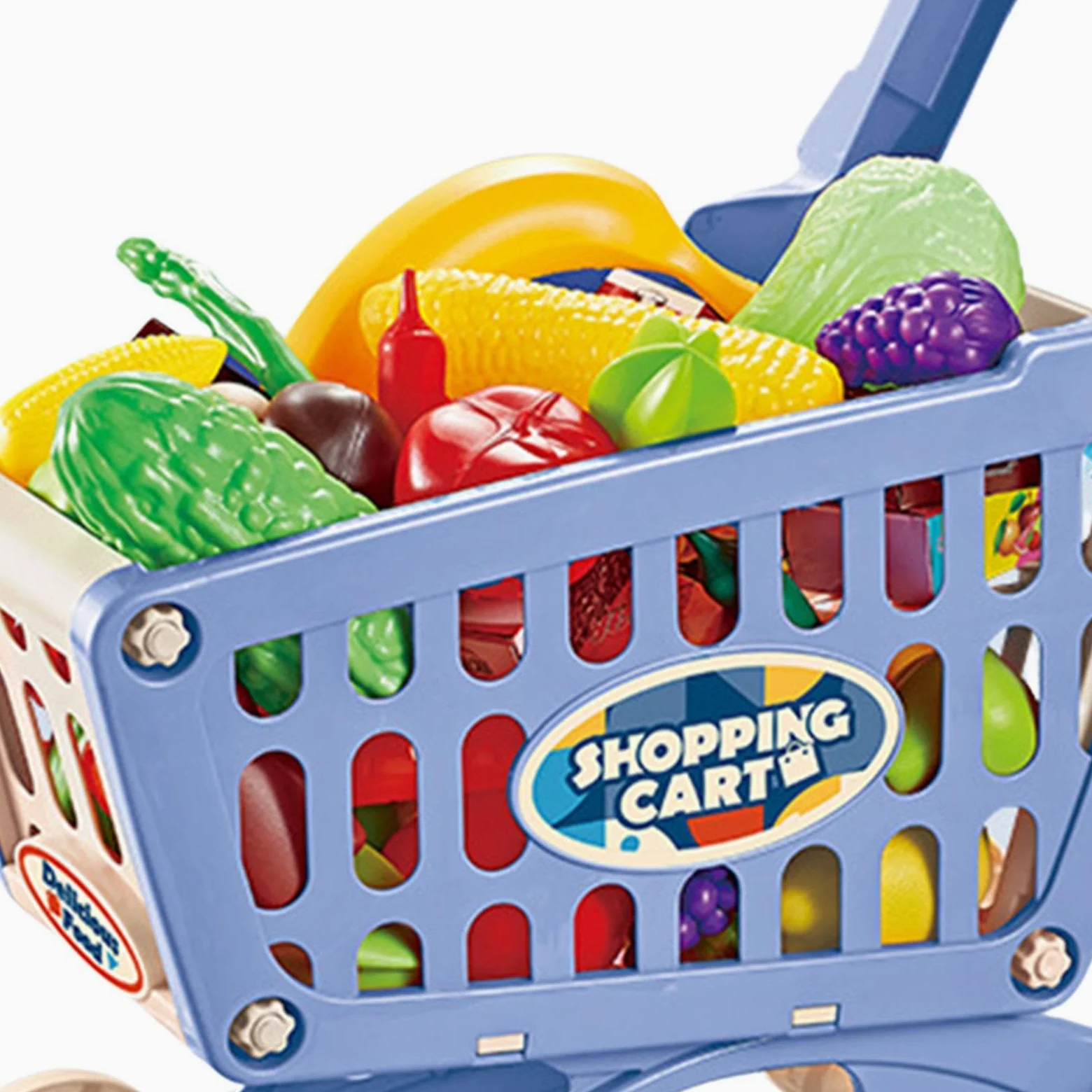 Set di Gioco con Carrello, Carrello della Spesa Giocattolo, Grande capacità con Accessori Alimentari, Mano da Supermercato Giocattolo per a, Blu