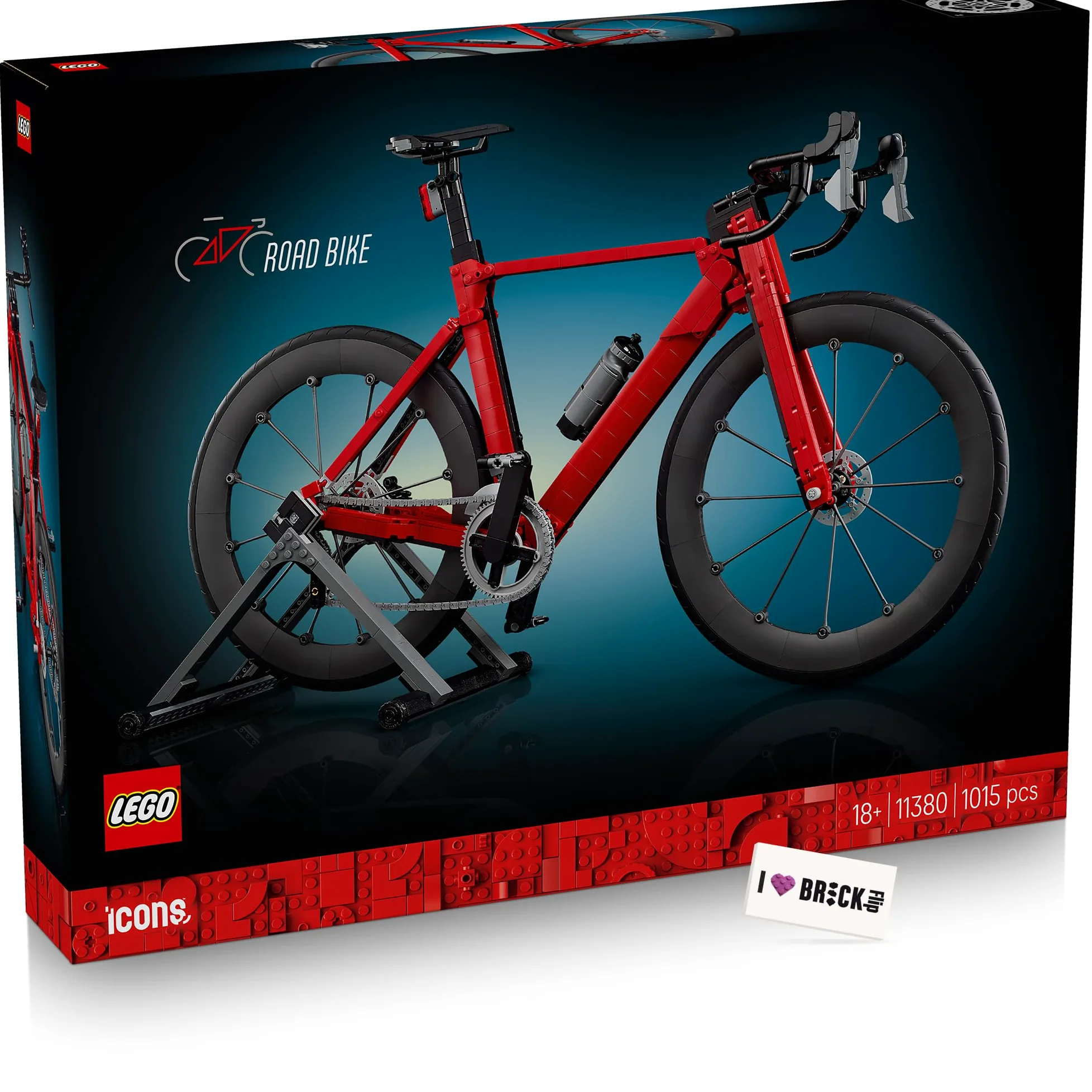 BRICK Flip LEGO 11380 - Bicicletta da corsa con piastrelle stampate, ruote Legorad con pneumatici in gomma, deragliatore posteriore e supporto ruota posteriore come scrivania
