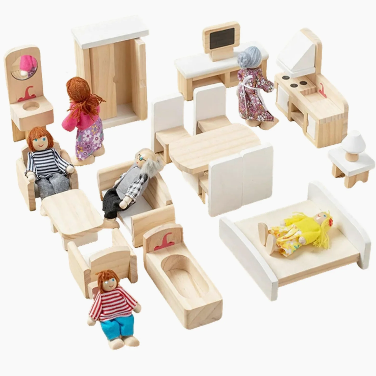 Set di mobili in Legno per casa delle Bambole Montessori | Accessori Mobili Miniatura Simulazione Domestica, Kit Arredamento Casa delle Bambole Gioco Ruolo